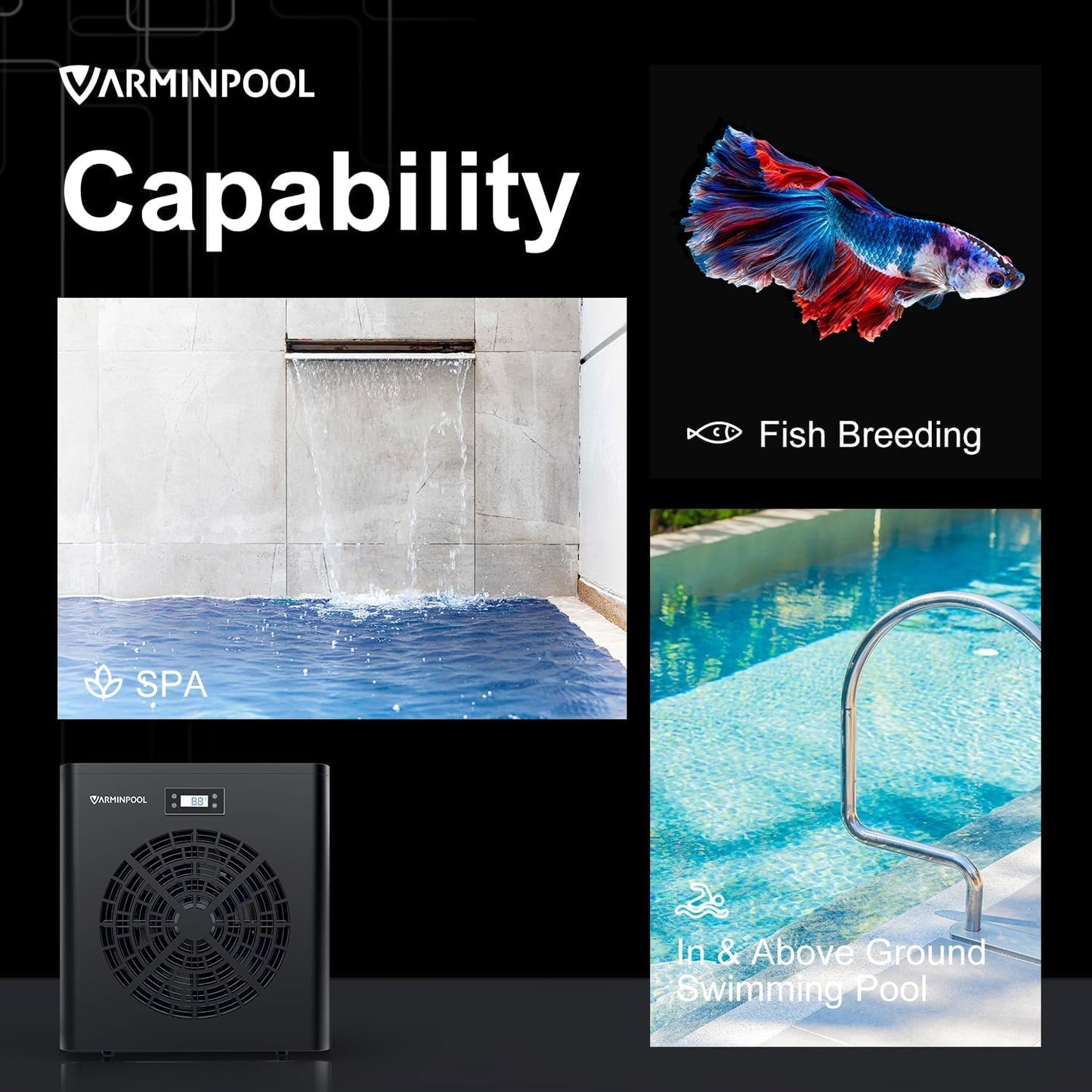 VARMINPOOL 16000BTU Electric Pool Heater for Above Ground Pool, Pool Heat Pump for 5400 Gallons, WiFi Smart Control, Titanium Heat Exchanger, 110V