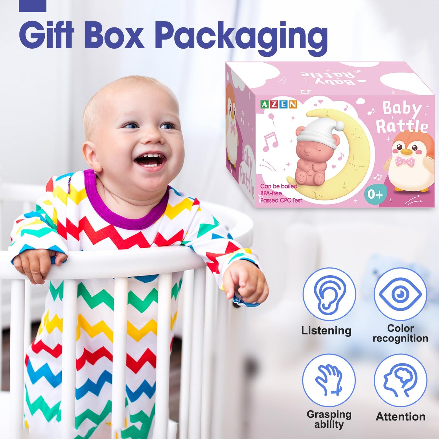 AZEN 16 Pack Baby Rattles Teething Toys 3-6 Months, Baby Toys 0-6 Months, Newborn Infant Toys 6-12 Months, Essentials Must Haves Wrist Socks Toddler Stocking Stuffers Christmas Gifts (Pink)