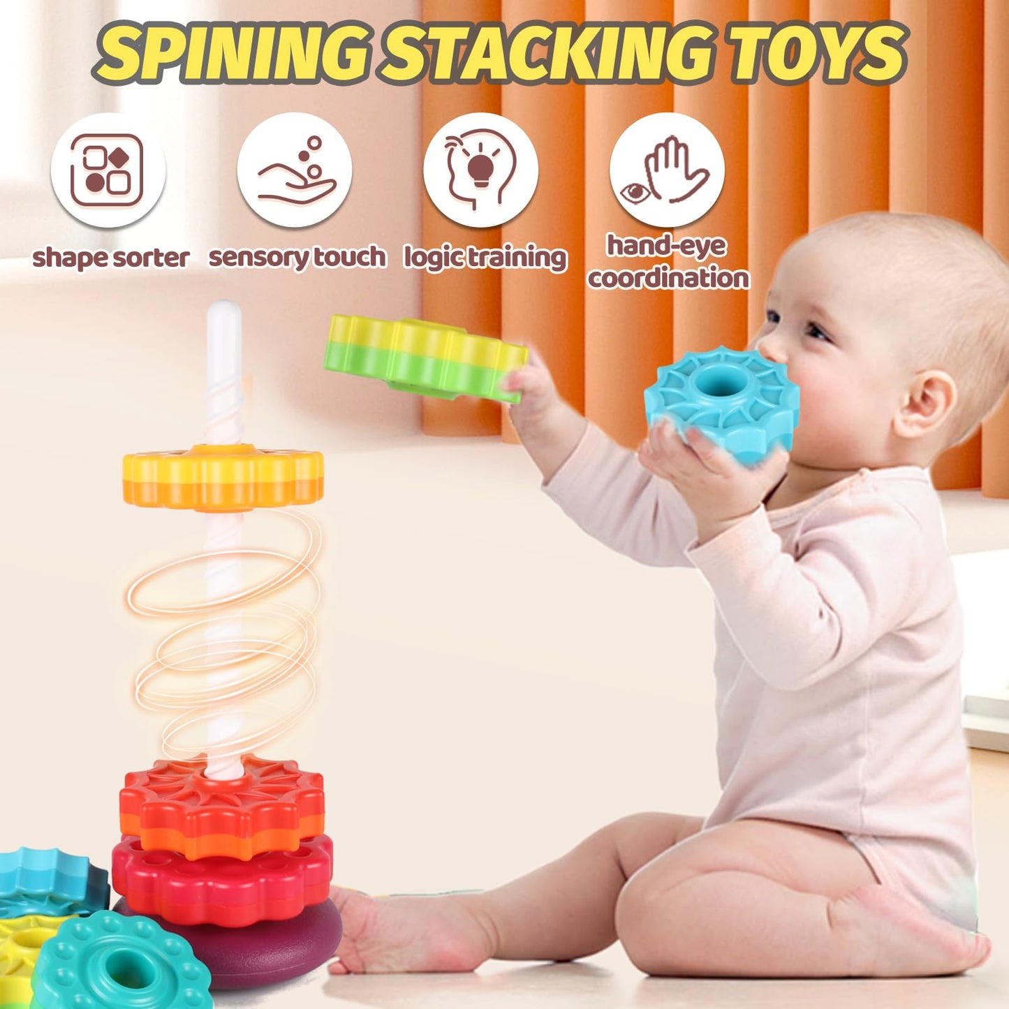 GKKBSJ Spinning Stacking Toys for Toddlers 1-3, Ring Stacker for Babies 0-6-12-18 Months, Spinner for Infants, Montessori Autism Sensory Toys, 1 2 3 Year Old Girl Boy Christmas Birthday Gifts