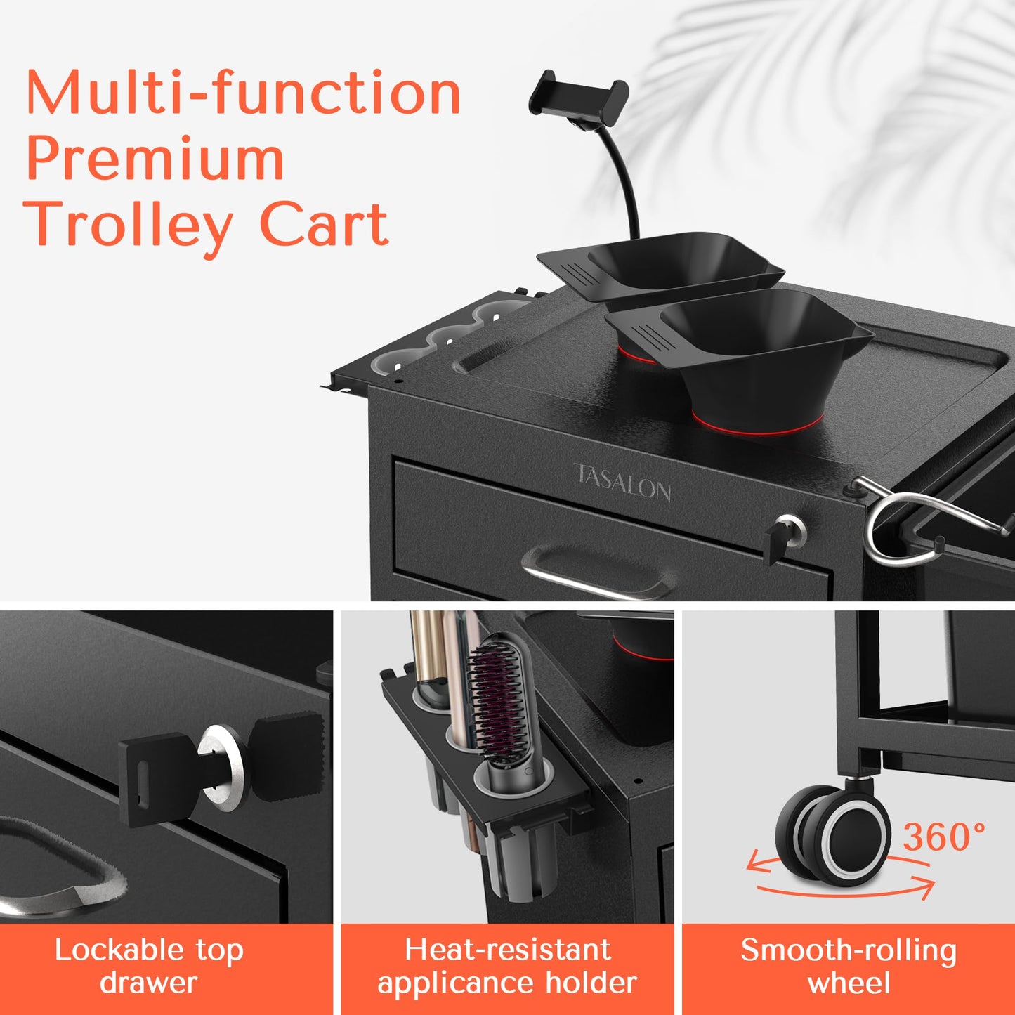 TASALON Salon Trolley Cart with Wheels, 2 Magnetic Bowls & Drawers | Mobile Hair Stylist Station for Tools Storage, Rolling Organizer Cart for Barber & Tattoo Supplies - Balck