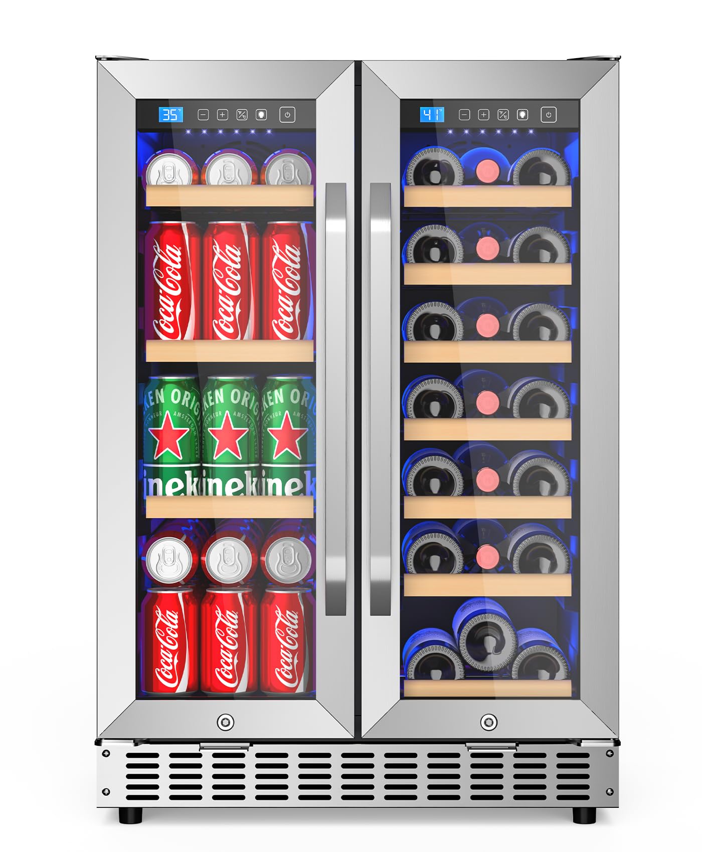 EORICE Wine and Beverage Refrigerator with Glass Door, 24-Inch Dual Zone Wine Fridge Under Counter - 21 Bottle and 60 Can Large Capacity Led Blue Light Smart Fast Cooling Wine Cooler Drink Fridge