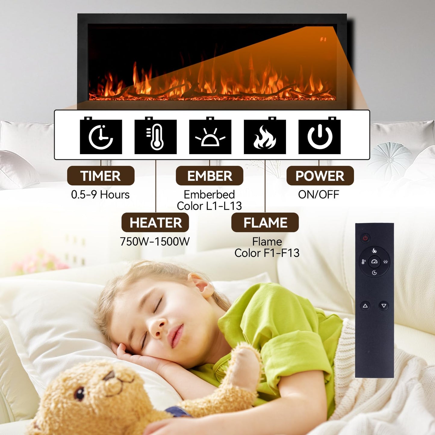 Tuan 60 Inch Electric Fireplace, APP Remote Control Compatible, Wall Mount or in Wall Recessed Fireplace Insert, Color Changing Flames& Embers, Indoor Fireplaces