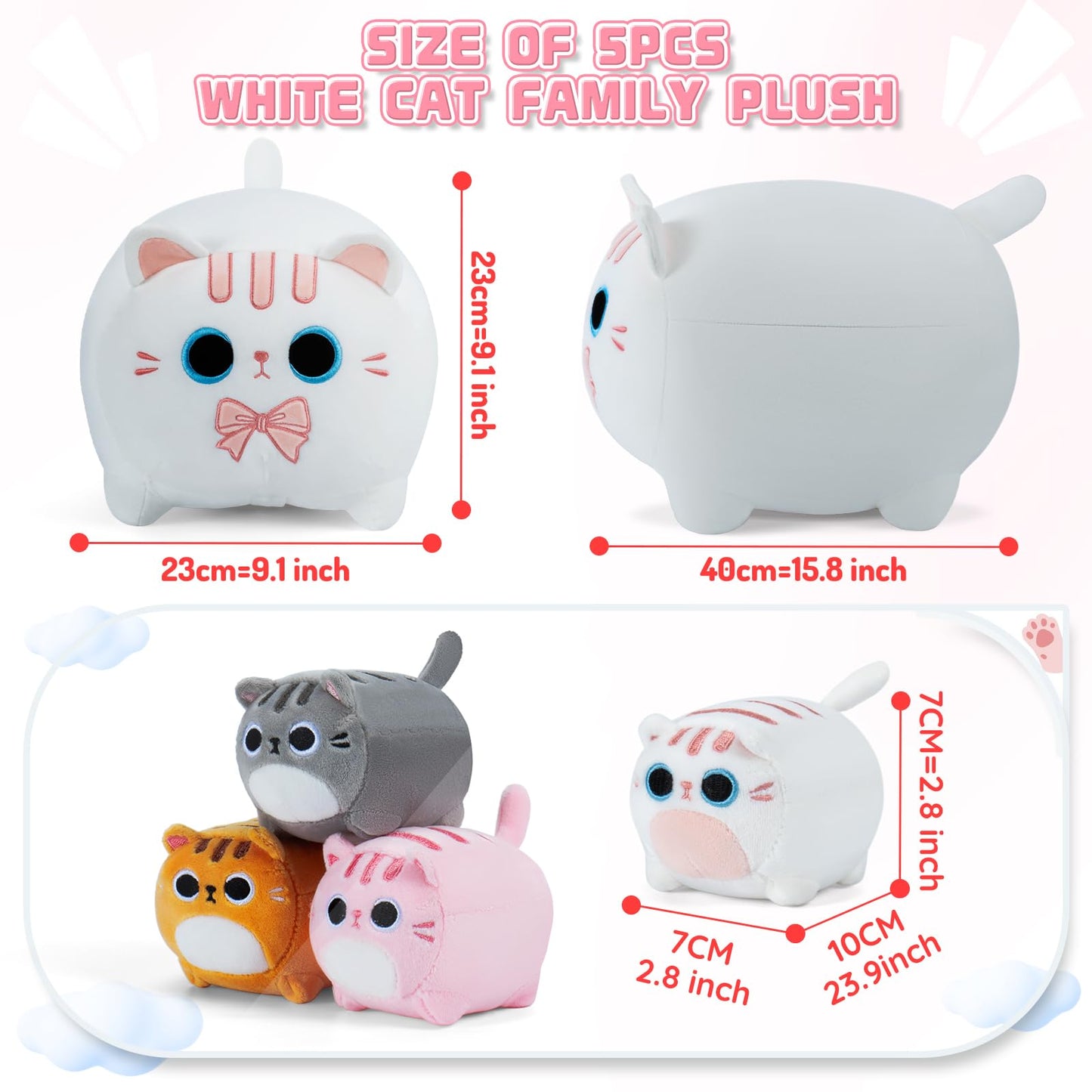 White Cat Plush, 5 PCS Cat Plush Stuffed Animal Family, 16" White Cat Mommy Plushie with 4 Baby Kittens Cat Plushies for Kids, Kawaii Cat Plush Toy Christmas Birthday Gifts for Kids Boys Girls