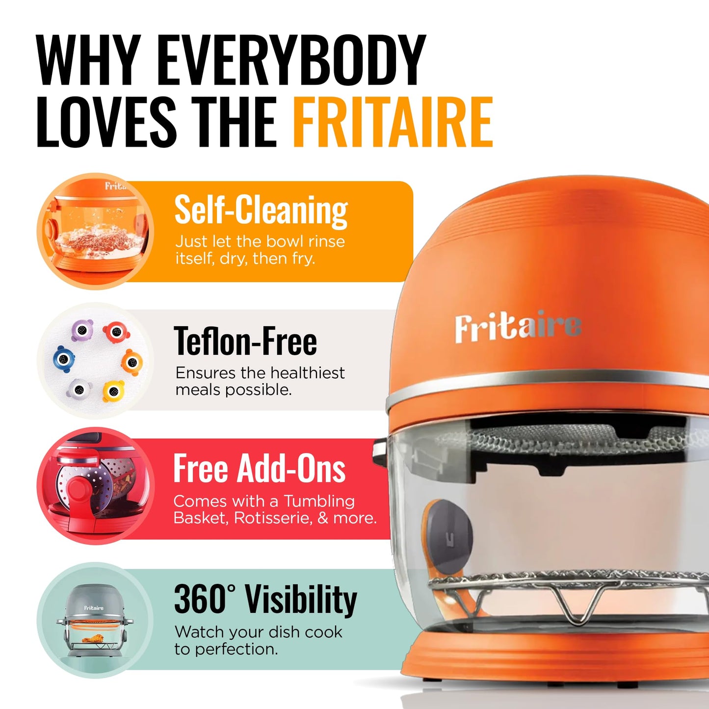Non Toxic Air Fryer™ Pro | 9-in-1 Glass Air Fryer | Self-Cleaning | 5 Quart | Rotisserie and Tumbler | 400F Vortex For Even Cooking, BPA-Free Teflon Free, Recrisp, Roast, Bake, Orange