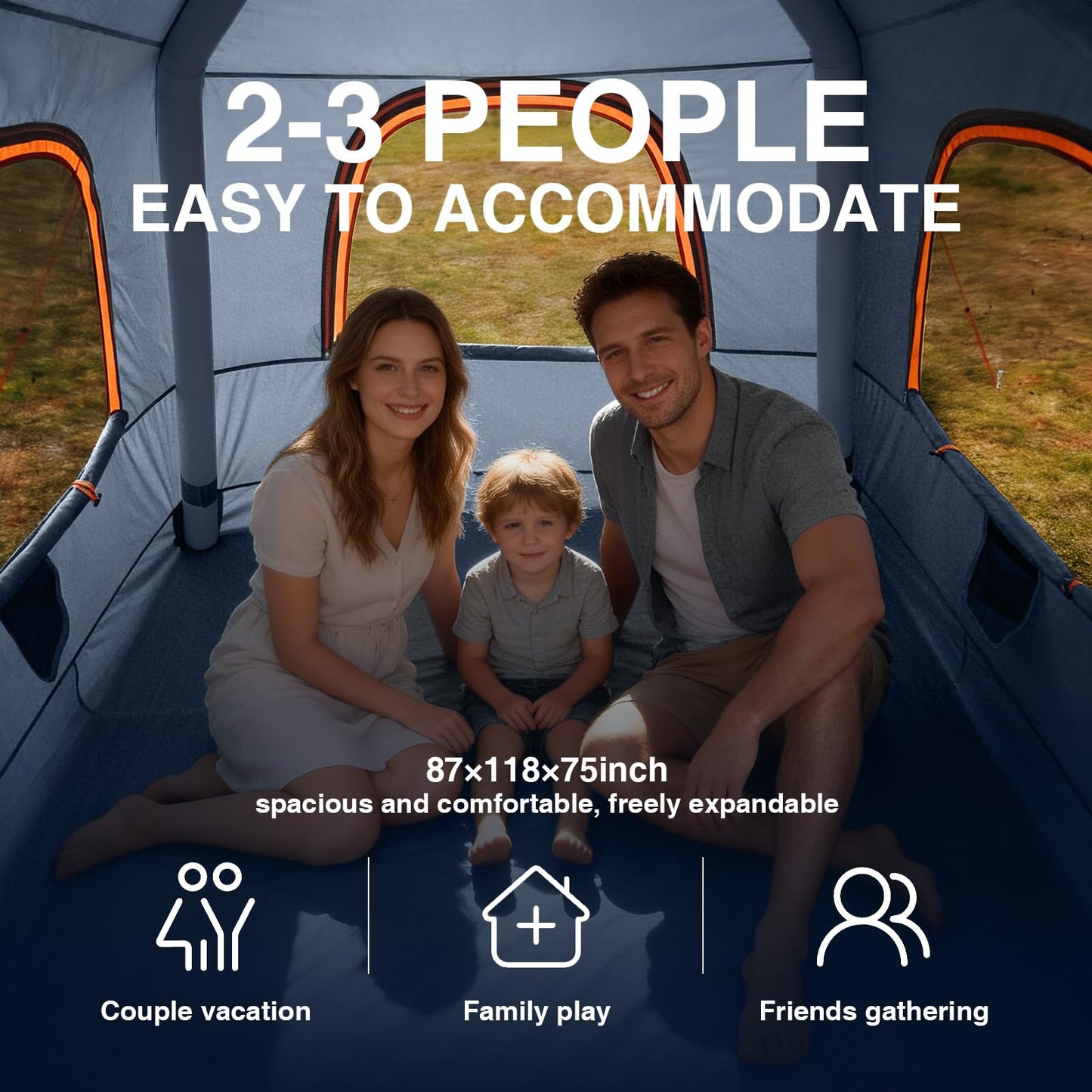 2-3 Person Inflatable Camping Tent, Waterproof Blow Up Tent with Electric Air Pump for Easy Inflation Setup, Portable Outdoor Glamping Tent for Adults Camping & Hiking，Grey