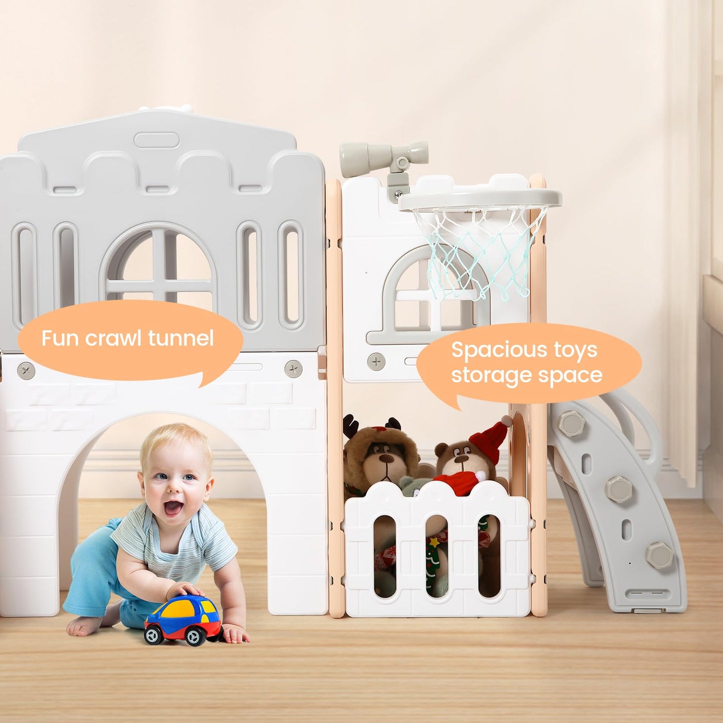 GarveeLife 8-in-1 Toddler Indoor Playground with Slide: Baby Slide Playset for Toddlers Ages 1-3 Outdoor Play, Kids Slide Includes Basketball Hoop, Climber, Crawling Tunnel, Telescope, Toy Storage
