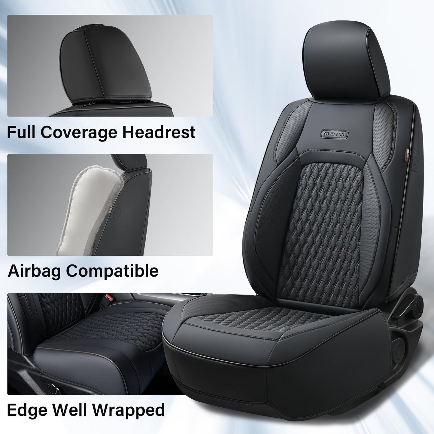 Coverado Leather Car Seat Covers Full Set, Dodge Waterproof Seat Covers for Car Fit for 2009-2018 Dodge RAM 1500, 2010-2024 2500 3500 Automotive Vehicle Seat Covers Protector for Trucks, Black
