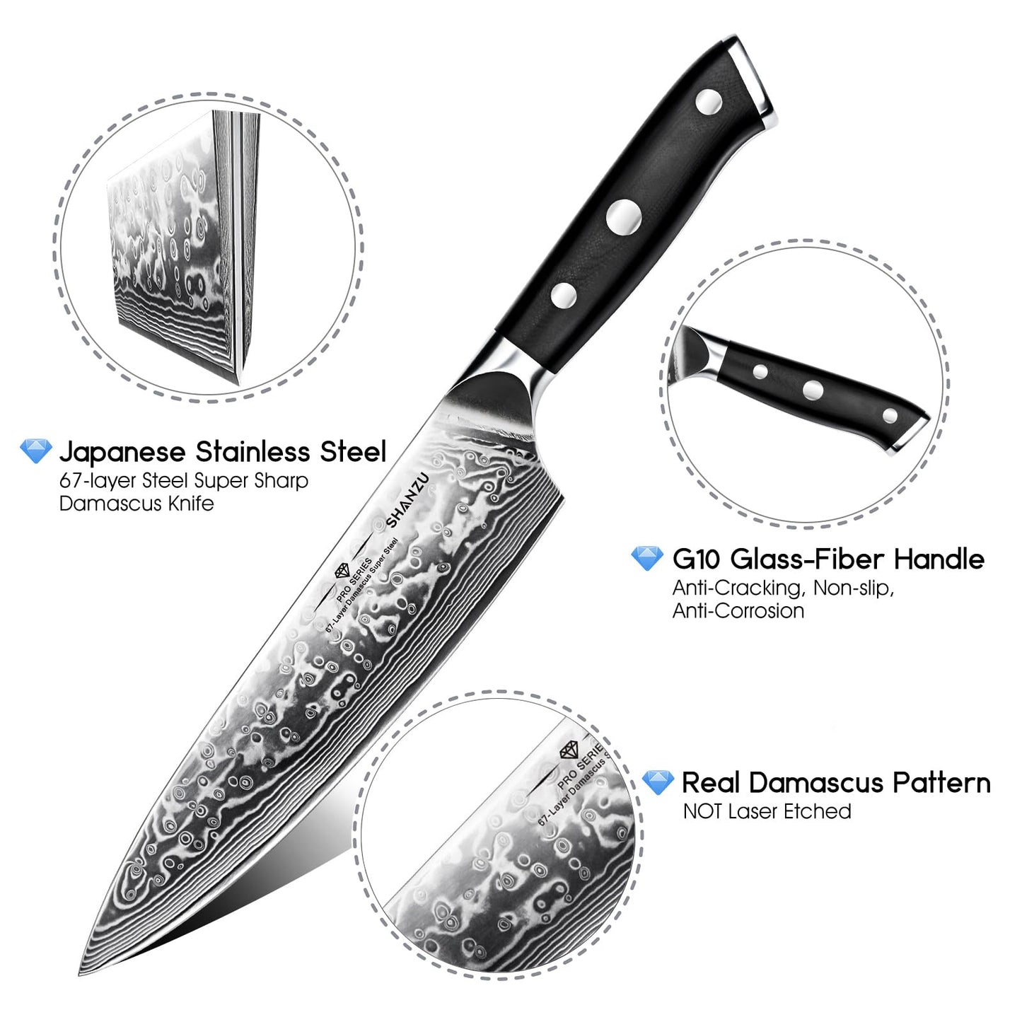 SHAN ZU Damascus Knife Set, Japanese Super Steel 3 PCS Damascus High Carbon Professional Ultra-Sharp Kitchen Chef Knife Set with G10 Handle Gift Box
