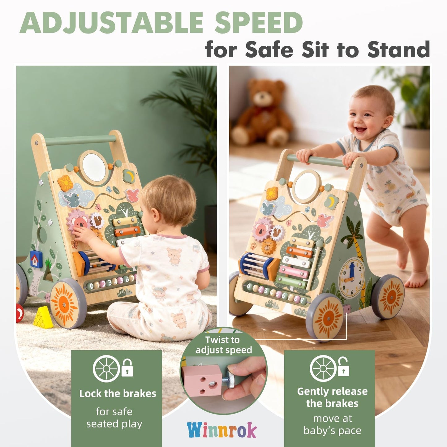Wooden Baby Walker with Wheels, Speed & Height Adjustable, Baby Push Walker for 6-12 18 Months Boys Girls, Montessori Walker Easter Toy for 1 Year Old, Learning to Walk & Sit-to-Stand Activity Center