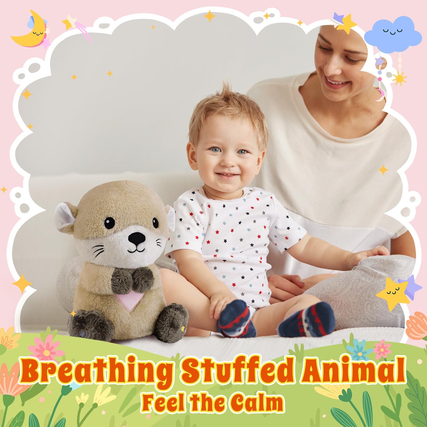 BRICHOEE Breathing Stuffed Animal, Soothing Otter Stuffed Animal with Breathing Motion, Calming Sound and Light for Baby Sleep Companion Portable Plush Toy Gifts for Kids Adults Newborns