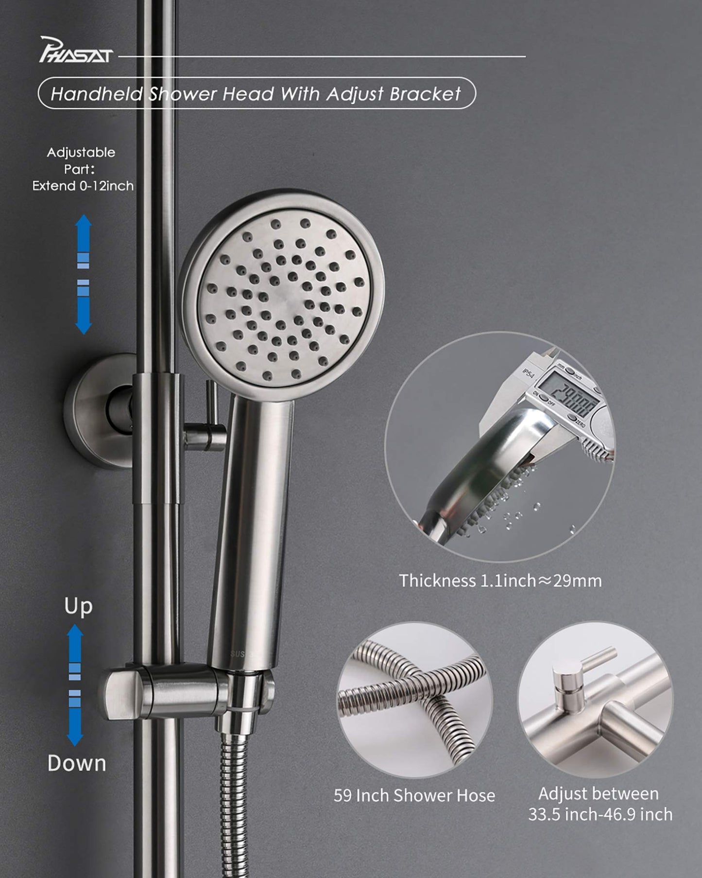 PHASAT Shower Fixtures,SUS 304 Stainless Steel Wall mounted Exposed Shower System,3 Function Outdoor Shower,Brushed Nickel,CT8121