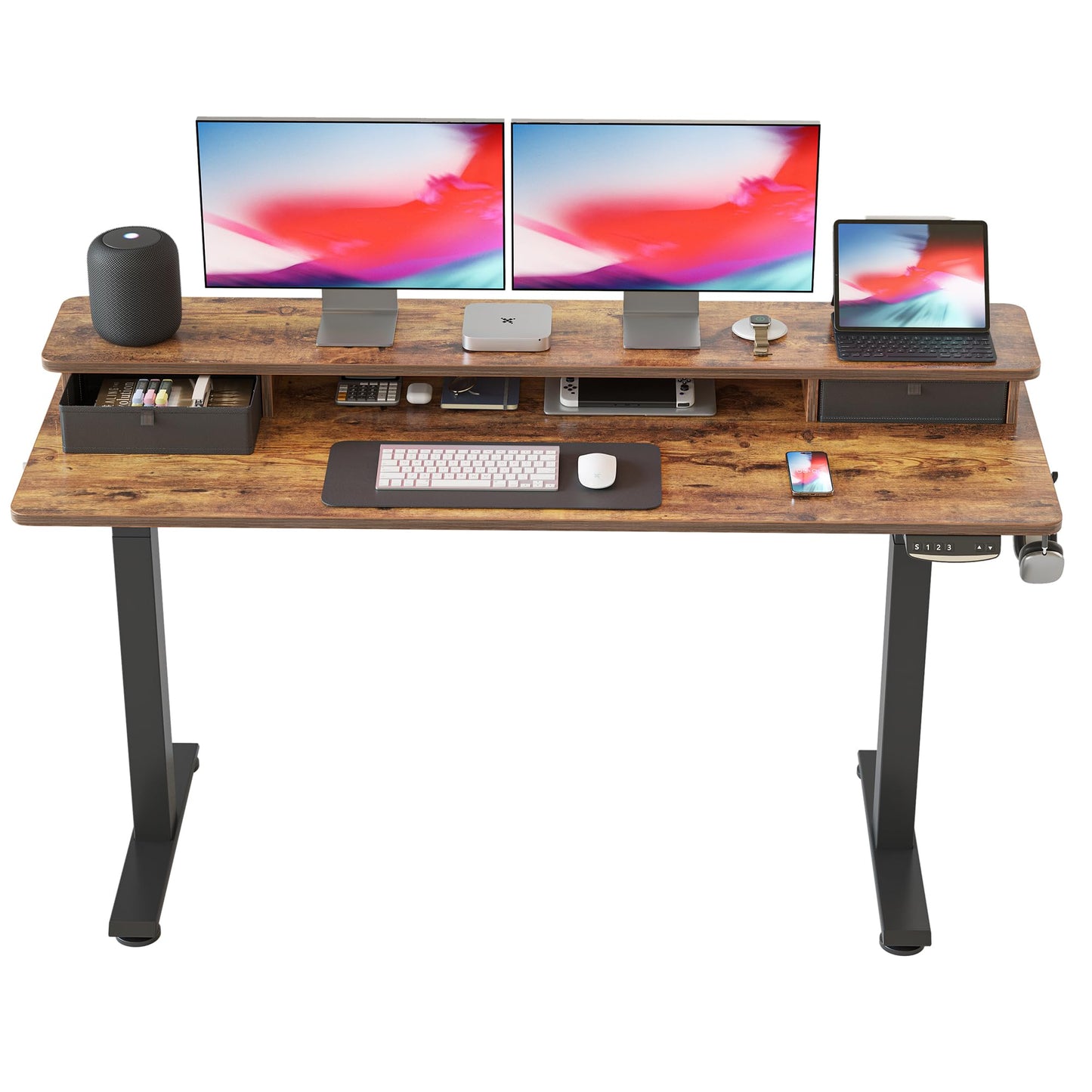 BANTI 55''x24''Standing Desk with Drawers, Adjustable Height Stand Up Desk with Storage Shelf, Sit Stand Home Office Desk with Splice Board, Black Frame/Rustic Brown Top