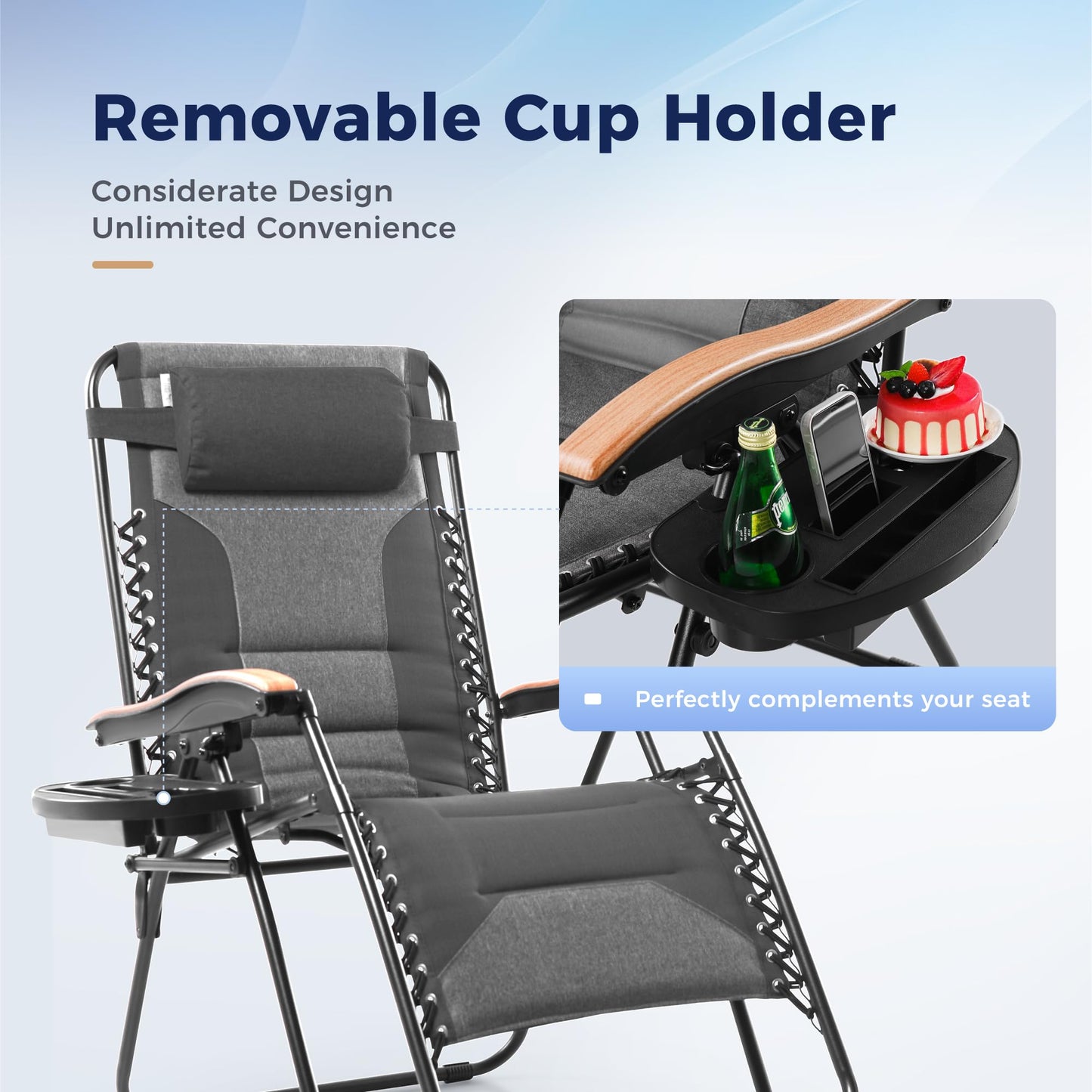 MAISON ARTS Oversized XXL Padded Zero Gravity Chair, 30" Wide Seat Foldable Patio Recliner, Anti Gravity Outdoor Lawn Chair with Cup Holder & Pillow, Supports 400lbs, Grey