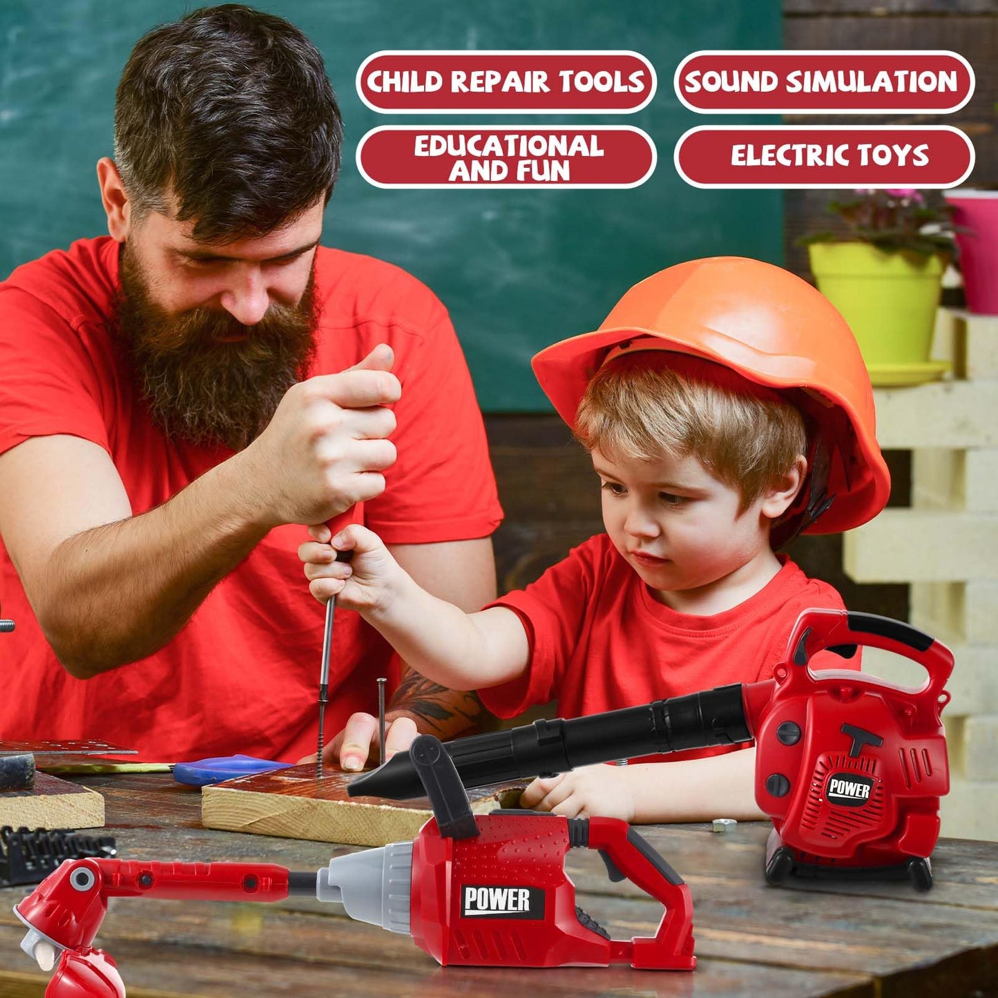 Arrowbash Kids Lawn Mower Toy Set 7 Pcs Electric Garden Tools with Leaf Blower, Chainsaw & Trimmer – Summer Outdoor Toys for Boys Girls Birthday Gifts