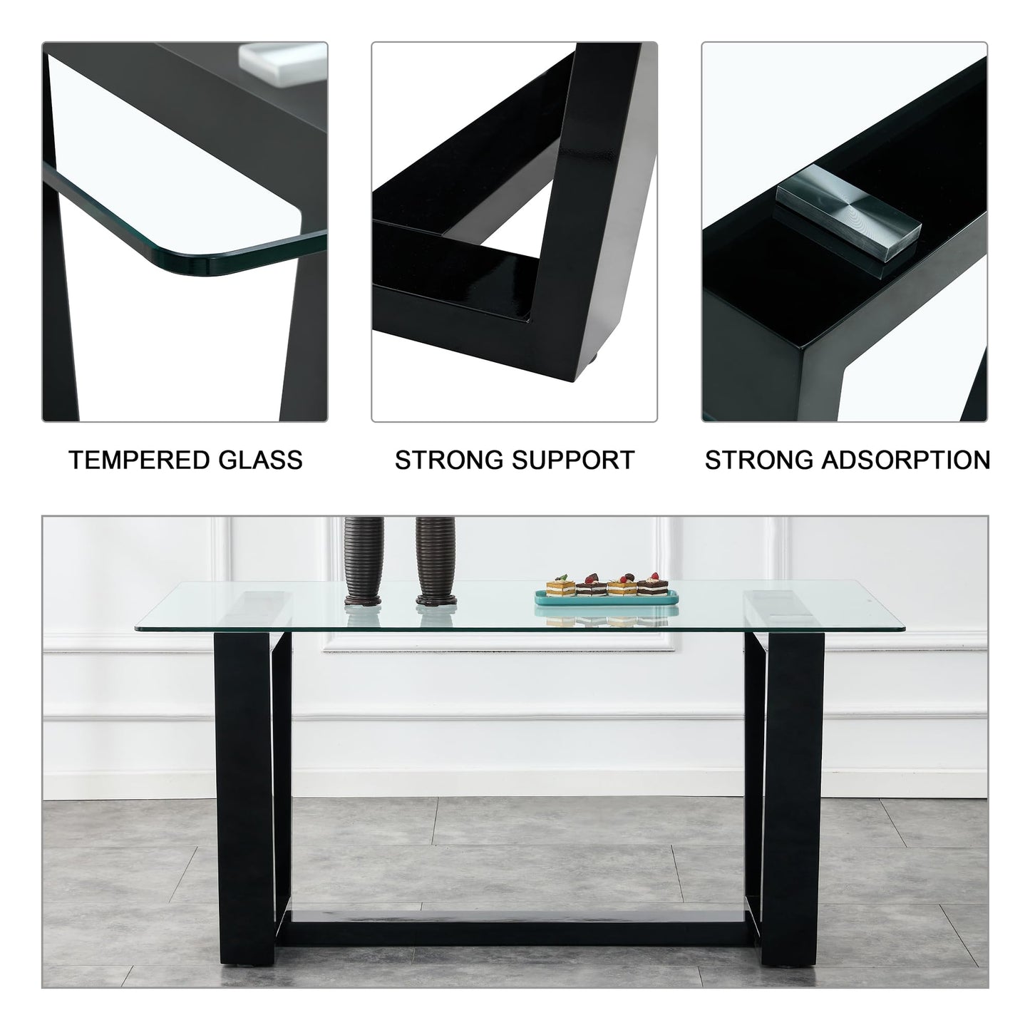 Ebullient Glass Dining Table Set for 4, Modern Dining Table Set for 4, Tempered Glass Tabletop with Black MDF Trapezoid Legs, Rectangle Kitchen Table with 4 Faux Leather Chairs for Home, Apartment