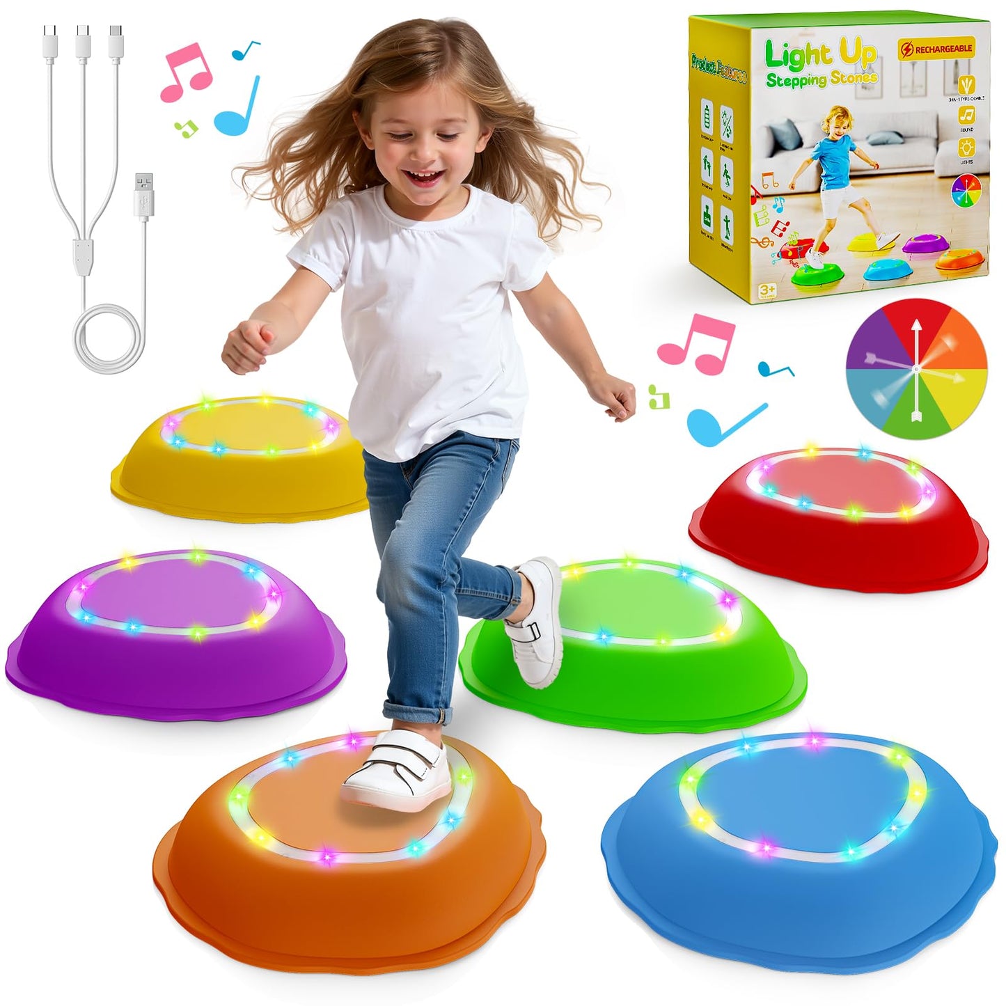 Scvcid Rechargeable Stepping Stones for Kids, 6pcs Music and Light Up Non-Slip Balance Sensory Toys for Toddler, Kids Indoor and Outdoor Play Equipment, Birthday Gifts Toys for 2 3 4 5+ Year Old Kids