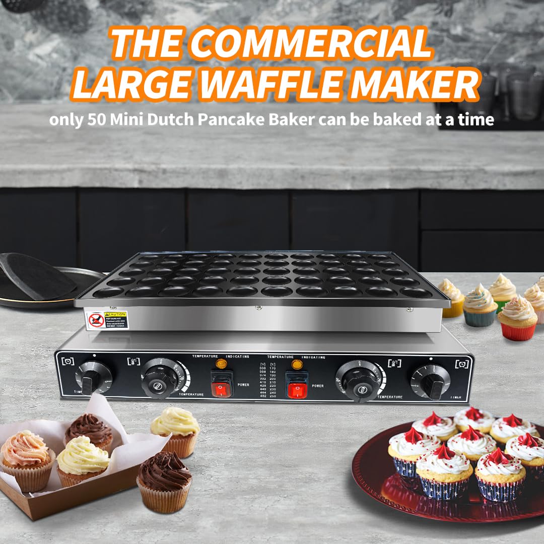 YOOKTEN Mini Dutch Pancake Baker Make,50PCS Commercial Electric Maker Pizzelle Maker, Non-stick Waffle Pancake Maker, Mini Pancakes Machine with Timer，Muffin Waffle Maker for Restaurant and Home,1700W