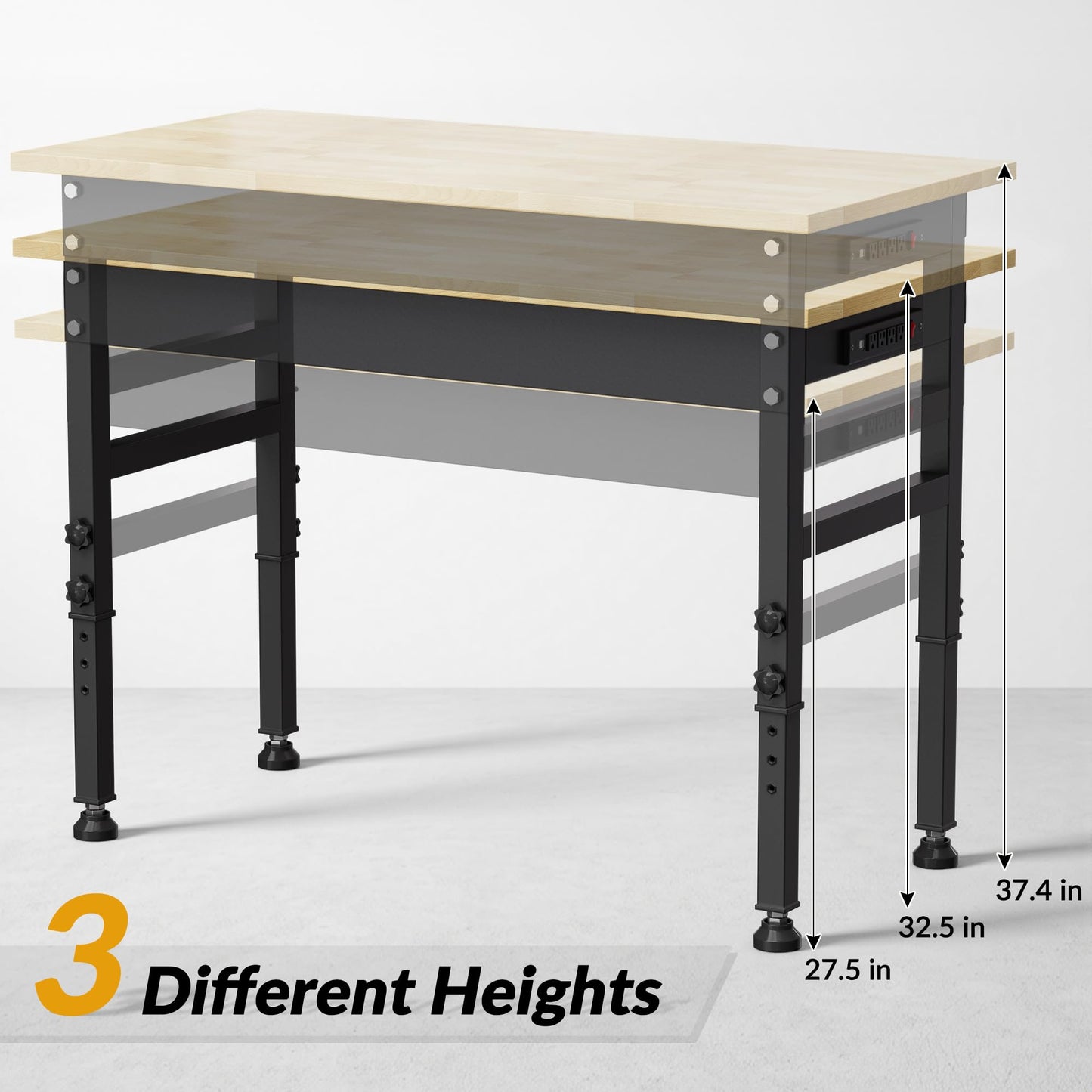 Anunweldo 47'' Adjustable Workbench, Heavy Duty Work Bench 2000 LBS Load Capacity, Wood Top Workbench with Power Outlet, Work Table for Garage, Workshop, Office, Home (47.2"x23.6"x39.4" / Rubber Pad)
