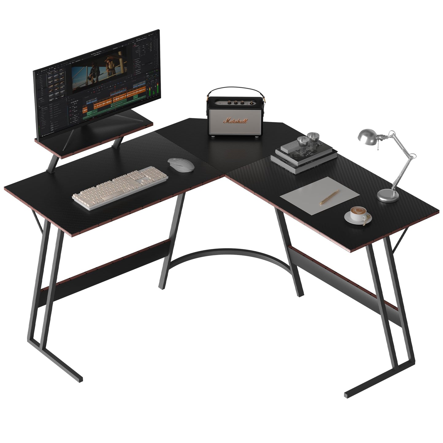 YINGCHAOJI L-Shaped Gaming Desk with Monitor Stand,Carbon Fiber Corner Computer Desk,Z-Shaped Legs Waterproof Office Workstation for Home,Easy to Assemble