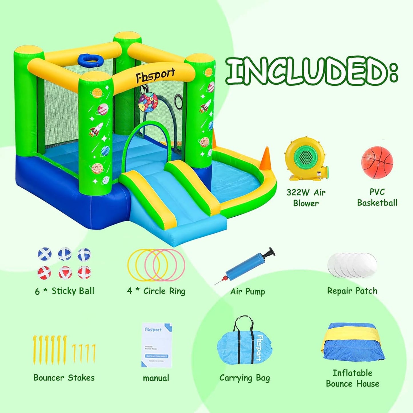 FBSPORT Inflatable Bounce House, Kids Bounce Castle Slide for Indoor Outdoor,Toddler Baby Jumper Bouncer, Kids Jumping Bouncy House with Blower, Ball Pit Pool, Basketball Hoop, Dart Game, Green