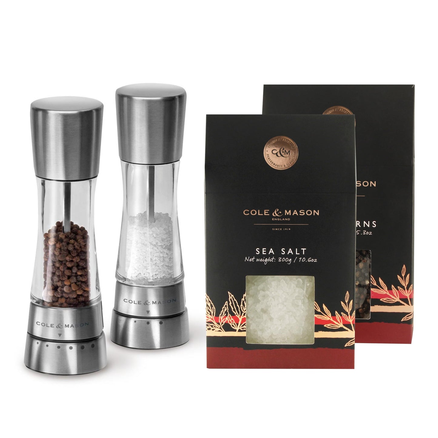 Cole & Mason Derwent Salt & Pepper Mill Grinder Set - Adjustable Grind Settings - Sea Salt & Black Peppercorn for Easy Refill - Stainless Steel