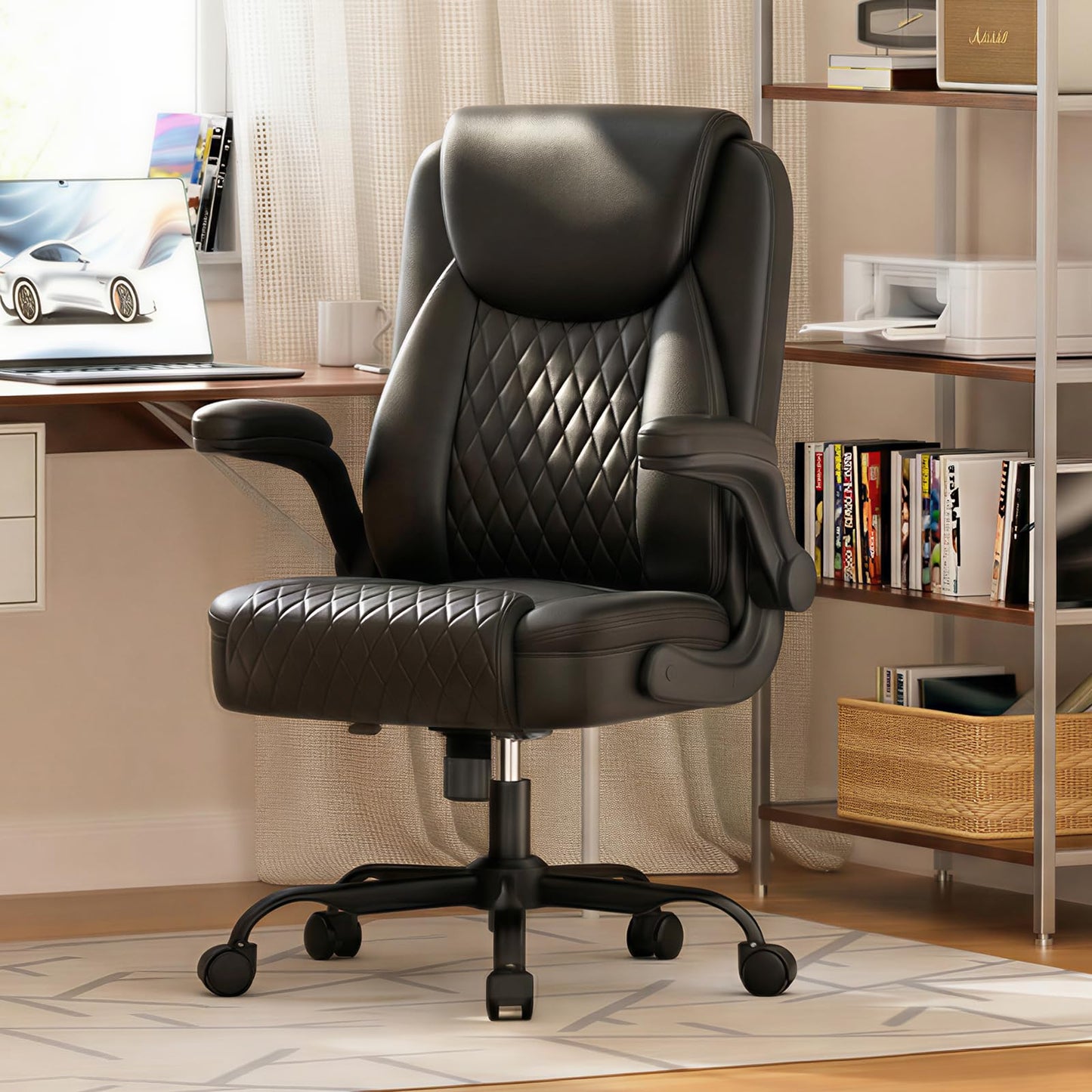 GTPLAYER Leather Office Chair 400lbs, Home Desk Chair with Flip-up Arms and Ergonomic Back - Comfy Heavy Duty Executive Chair for Home Office Gaming, Black