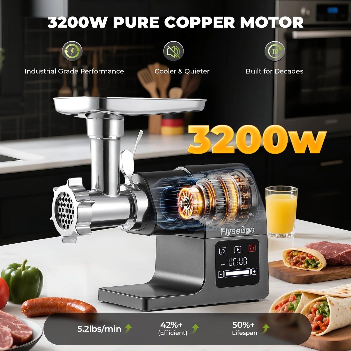 Flyseago Meat Grinder Electric 3200w Digital Touch Control Commercial Heavy Duty Meat Grinder and Sausage Stuffers, Kubbe Kit for Household Use & Commercial