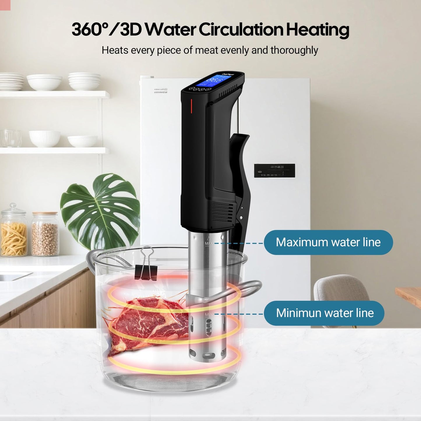CharMeter Wifi Sous Vide Cooker 1000W, Ultra Quiet Immersion Circulator with Water Level Alarm, App Control with 14 Preset Recipes, Calibration & Timer Function,Fast/Stable Heating with Shared Control