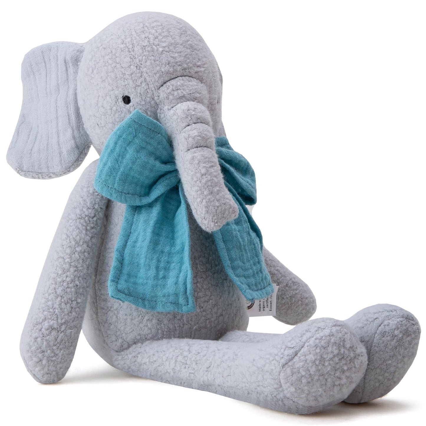 CUDDLE CORNER Stuffed Animal Organic Cotton Baby Plush Toys, 9” Organic Sitting Elephant with Rattle Soft Cuddly Toy for Boys and Girls