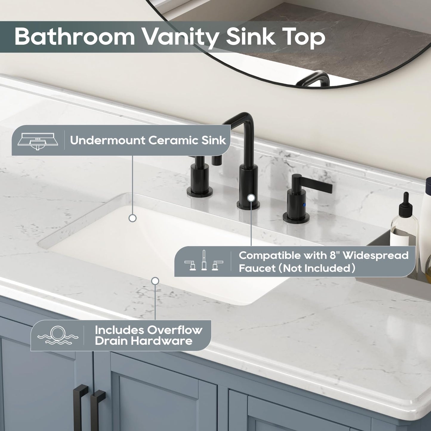 DELUXE LIVING 48 Inch Bathroom Vanity with Sink, Modern Steel Blue Bathroom Cabinet with Soft Closing Doors & Dovetail Drawers, Quartz Countertop, No Assembly Required