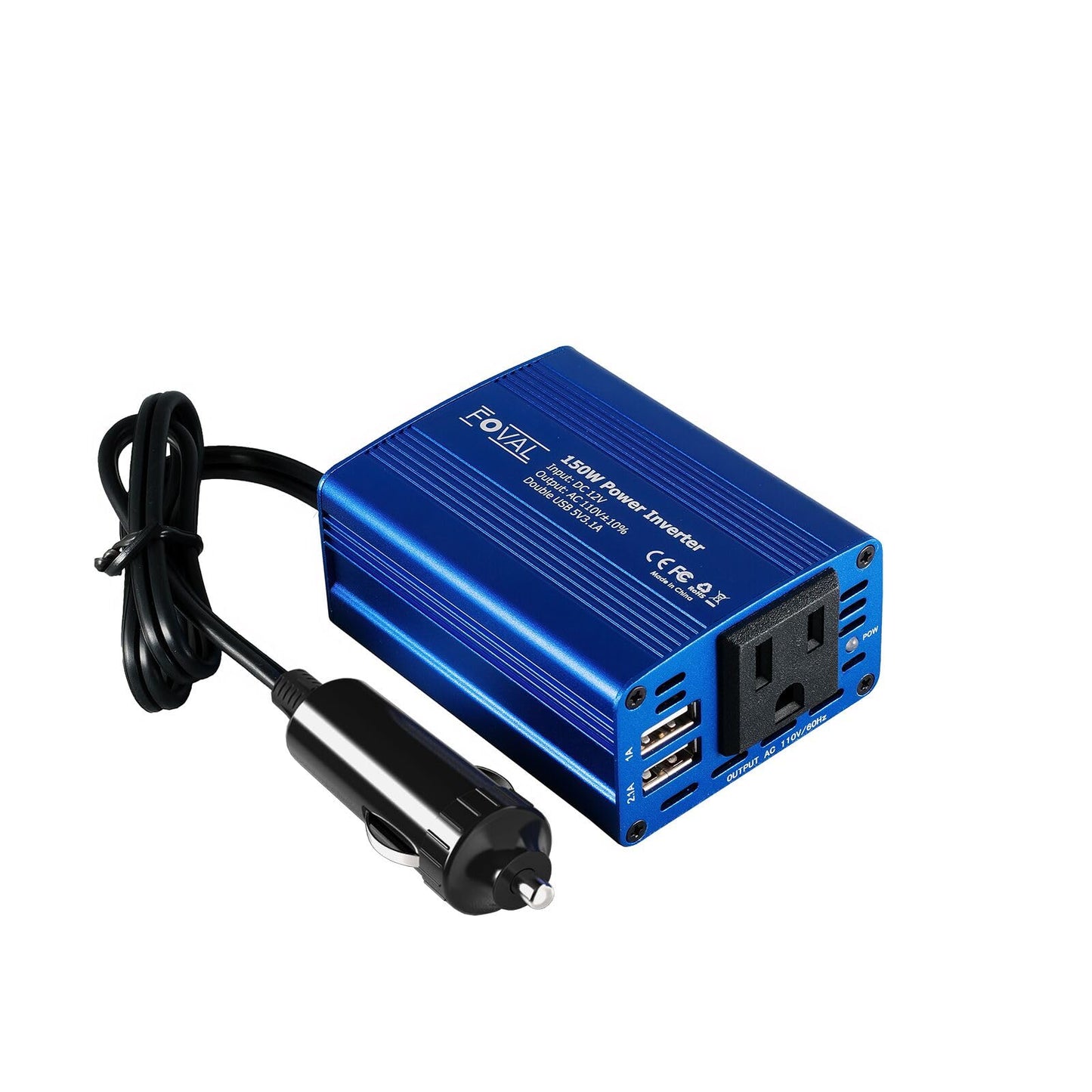 FOVAL 150W Car Power Inverter 12V DC to 110V AC Converter Vehicle Adapter Plug Outlet with 3.1A Dual USB Car Charger for Laptop Computer (Classic Red)