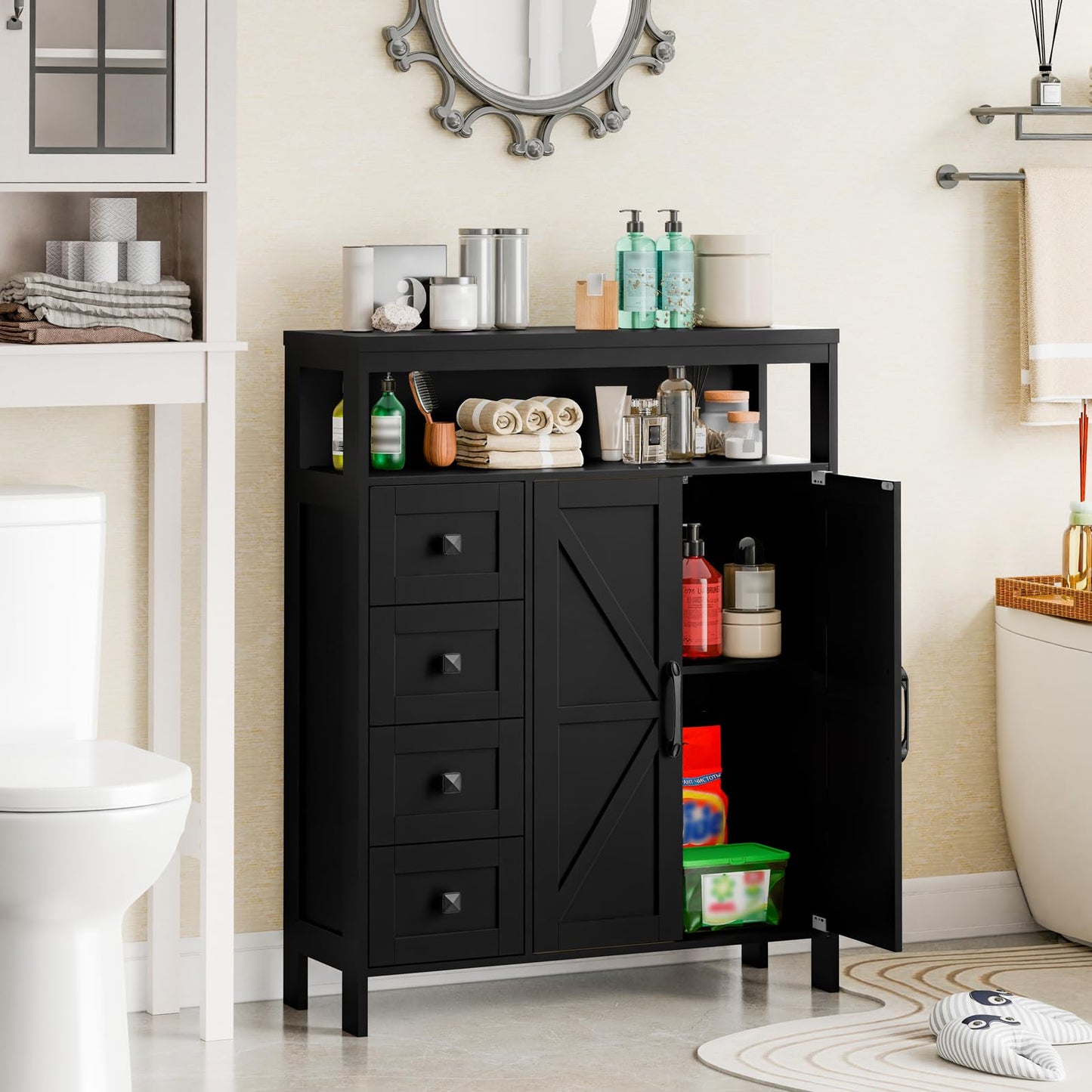 Befrases Farmhouse Storage Cabinet with 2 Doors and 4 Drawers, Freestanding Bathroom Cabinet Kitchen Pantry, Floor Storage Cabinets Hutch Cupboard for Kitchen/Living Room/Bathroom,Pure Black