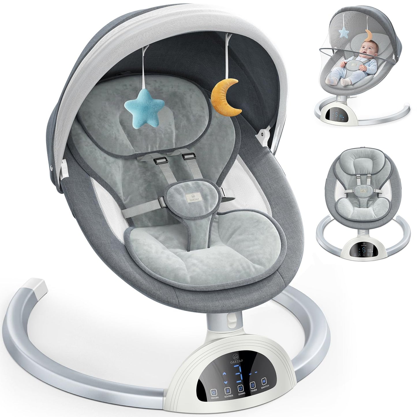 GAEZAP Electric Baby Swing for Infants, Portable Infant Swing with Music Speaker, 5 Swing Speeds, Remote Control, for Indoor Use, Newborn Boys & Girls, White