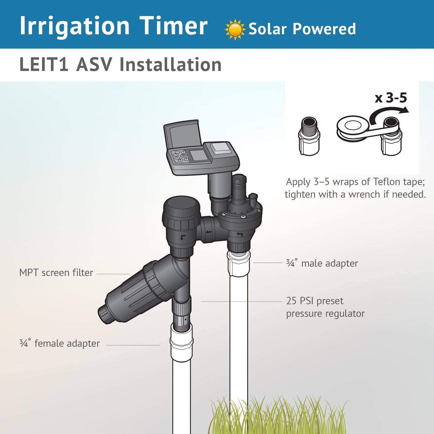 DIG LEIT 1 ASV.075 Solar Irrigation Controller with 3/4" Anti Siphon Valve | Solar-Powered, Smart Programming | Ideal for Drip & Sprinkler Systems in Residential & Commercial Irrigation (Weatherproof)