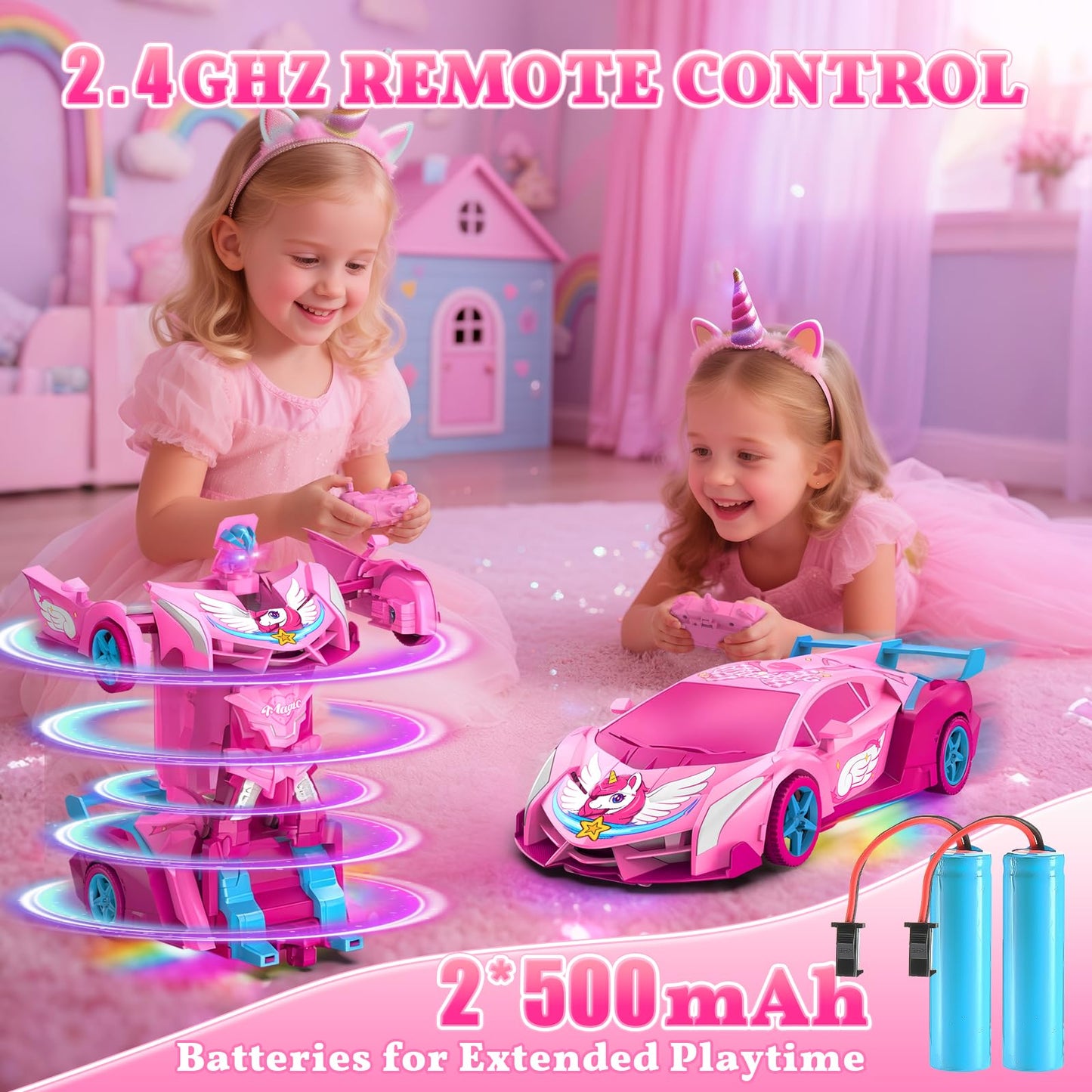 Unicorn Transform RC Cars for Girls Toys with Rainbow Eyes & Underbody Lights, Fast 360°Rotation&2.4GHz Robot Remote Control Car One-Button Deformation,Kids Toys Birthday Gifts for 3-12 Year Old Girls