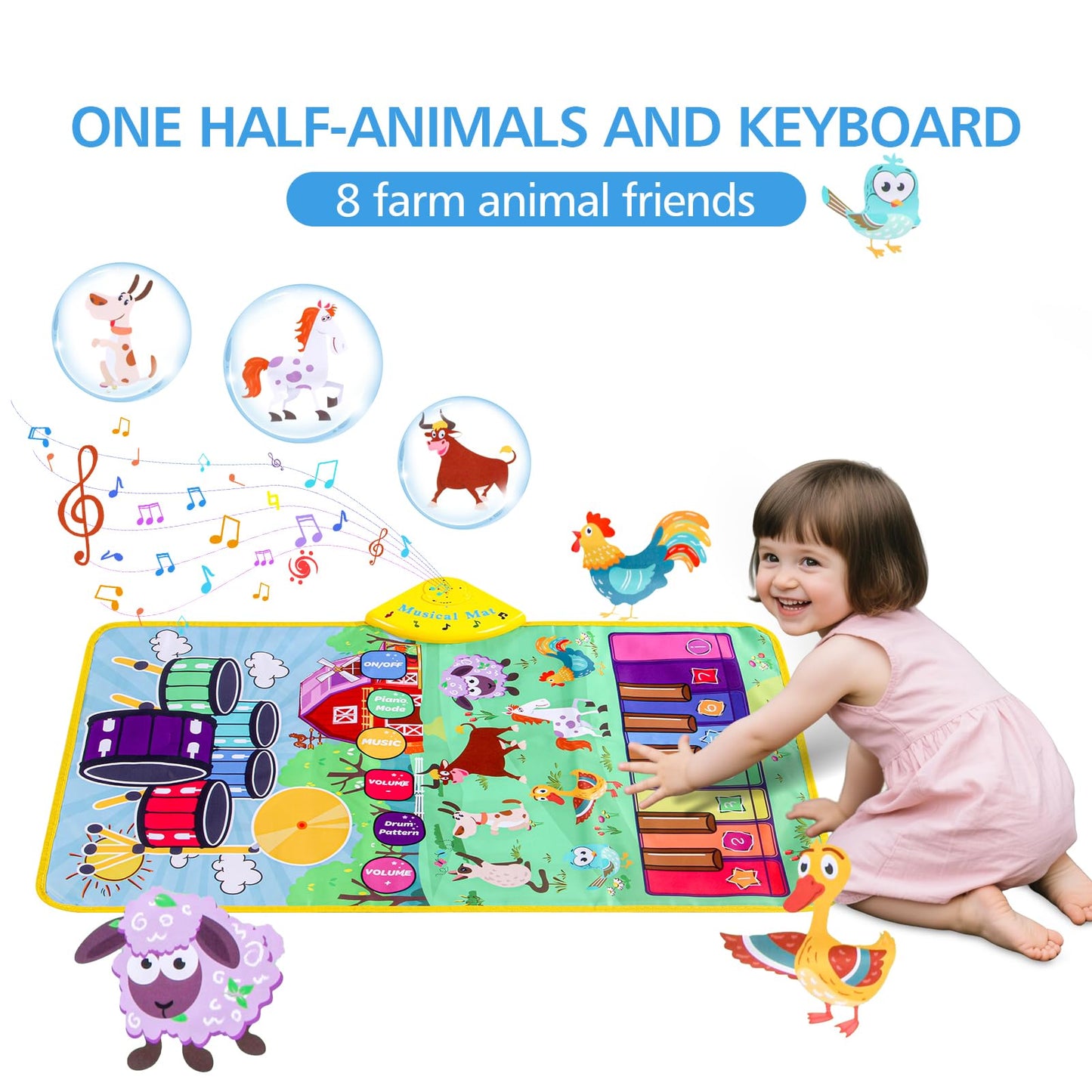 Musical Farm Animals Sounds Piano Mat for Kids, Sensory Educational Learning Toy with Drumset for Toddlers, Interactive Floor Touch Play Mat Dancing Keyboard Carpet for 1-5 Year Old Boy Girl Gifts