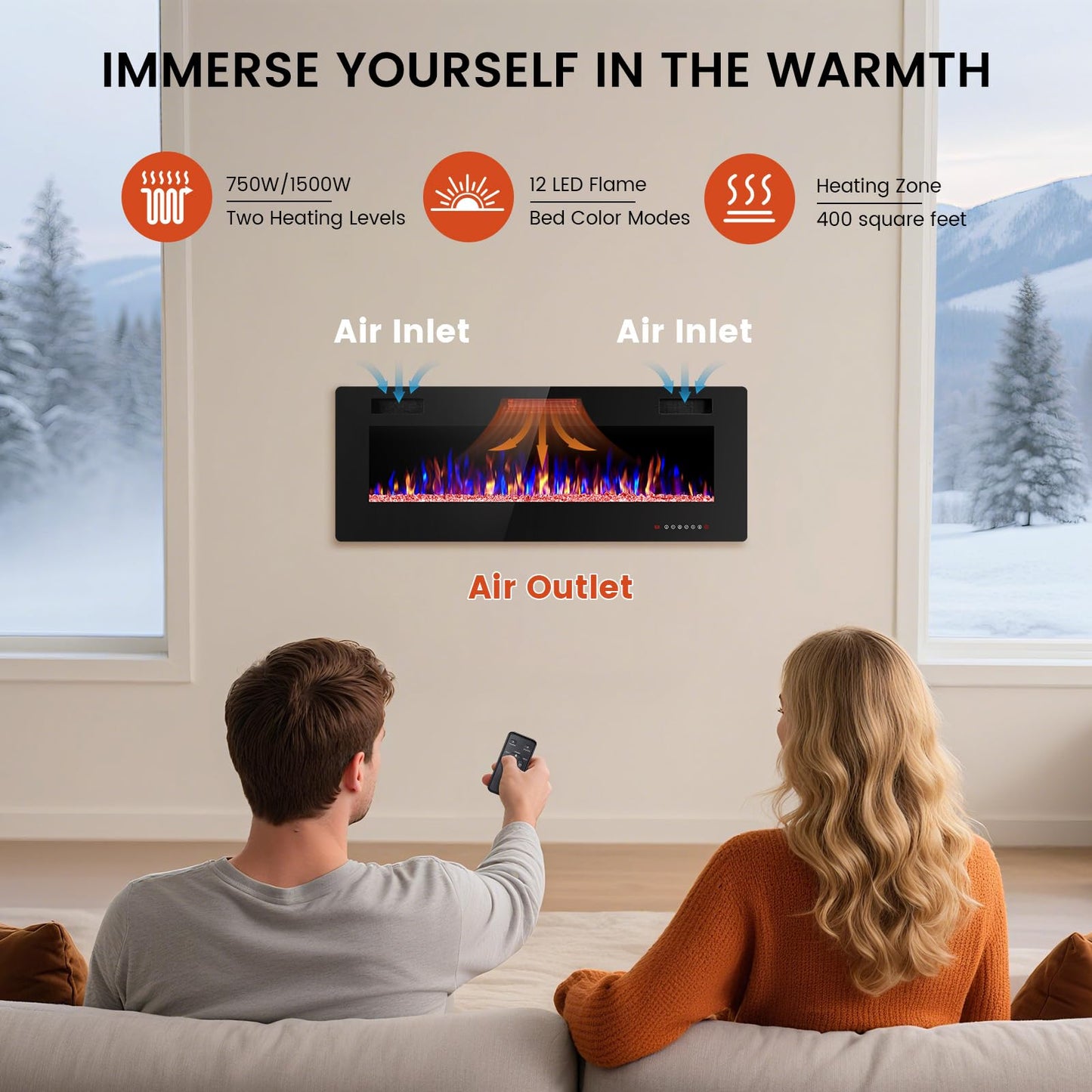 Electactic Electric Fireplace 50 inch Ultra Thin, Recessed and Wall Mounted Electric Fireplace with Remote Control, Fireplace Heater, Timer, Adjustable Flame Color, 750w/1500w, Black
