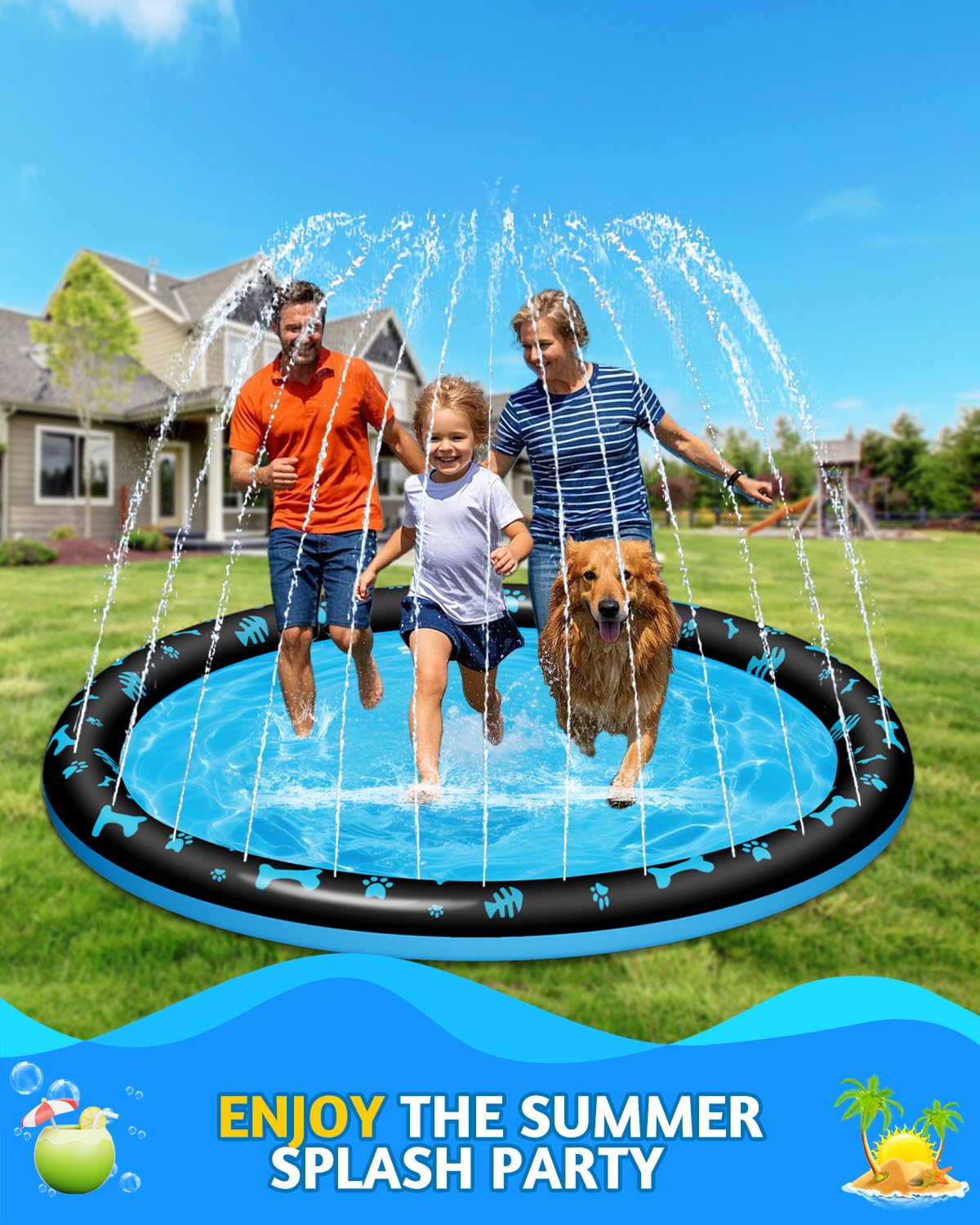 67" Splash Pad for Kids and Dogs, Non-Slip Sprinkler Play Mat, Outdoor Water Toys for Toddlers 1-3 & Kids Ages 4-8, Backyard Summer Water Play