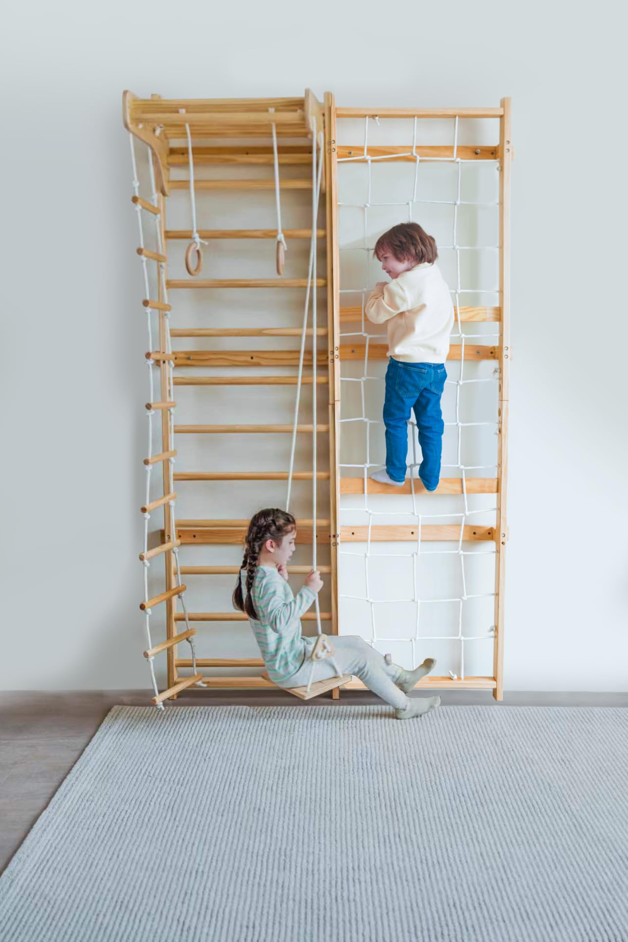 Avenlur Neem 5-in-1 Swedish Ladder Wall Gym with Cargo Wall Climber, Swedish Ladder Swing, Rope Ladder, Adult Pull-Up Bar, and Indoor Slide - Indoor Jungle Gym for Kids and Adult (79")