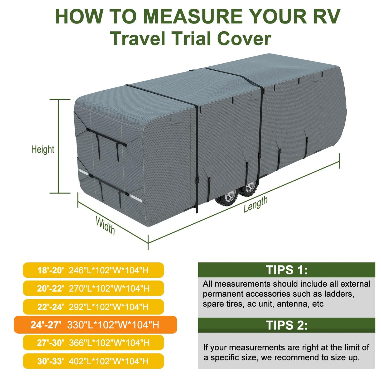 Mofeez Travel Trailer RV Cover, Extra-Thick Upgraded 7 Layers for Camper Cover 24'-27' Windproof Waterproof Rip-Stop RV Covers with Adhesive Repair Patches, 2Pcs Extra Straps & 4 Tire Covers
