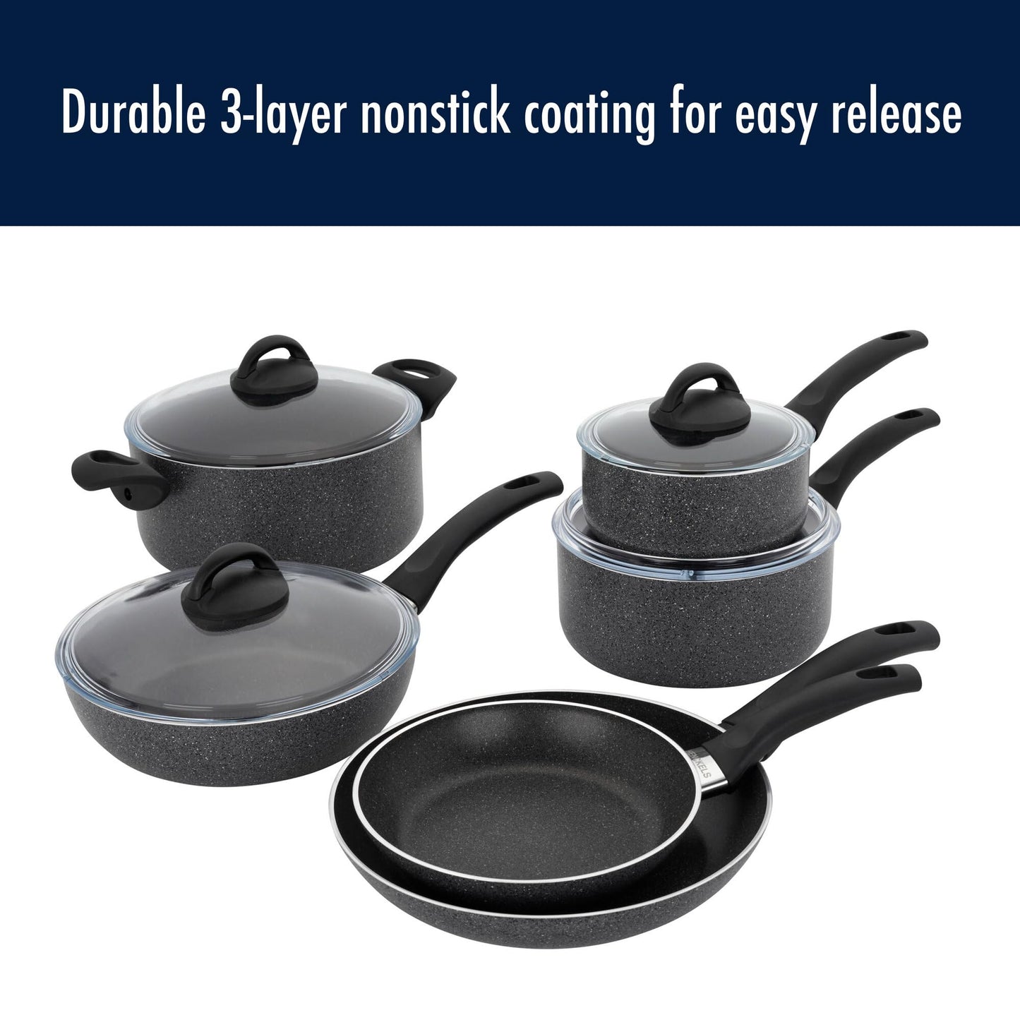 Henckels Everlift Granite 10-Piece Nonstick cookware set, Made in Italy, durable 3-layer granite-hued nonstick coating from recycled materials, Oven safe to 400°F, Dishwasher safe