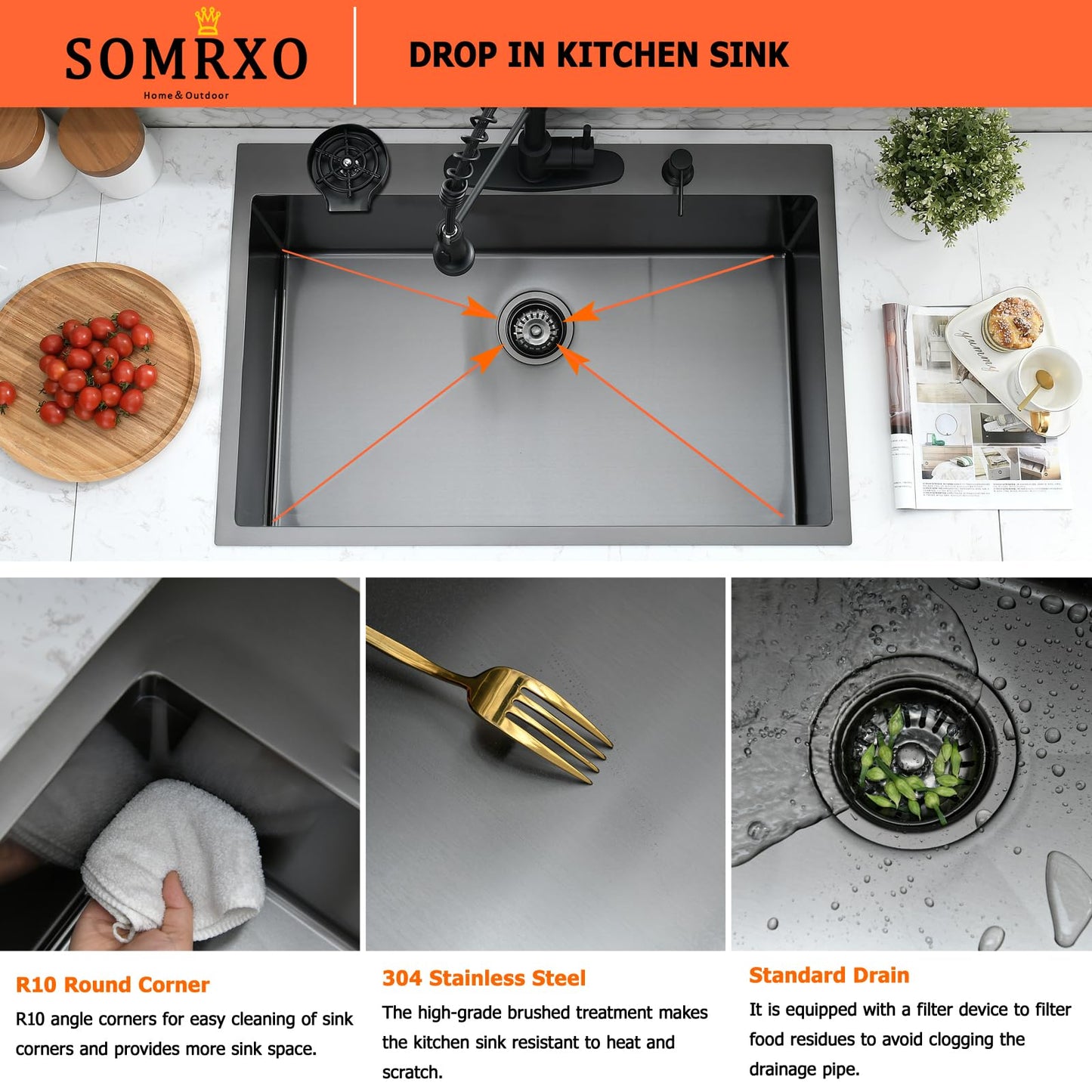 SOMRXO 33x22 Drop In Kitchen Sink and Faucet Combo Set, Black Stainless Steel Kitchen Sink with Cup Washer,9 Inch Deep Single Bowl with Accessories, Heavy-Duty & Easy-Clean Design