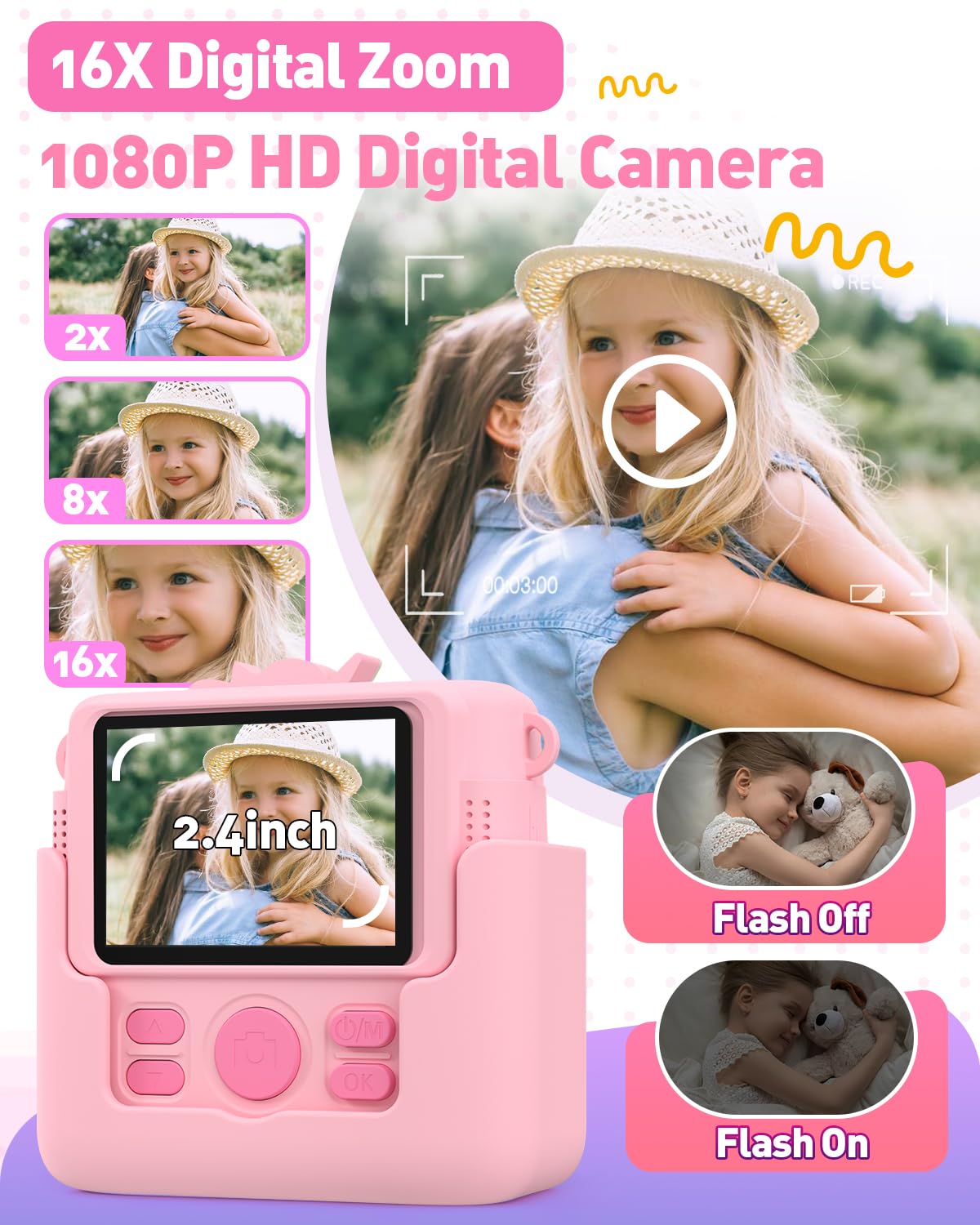 Kids Camera Instant Print with Silicone Cover, Creative Gifts for Girls Age 4-12 Birthday Christmas, 1080P Digital Camera Toy with Memory Card - Pink