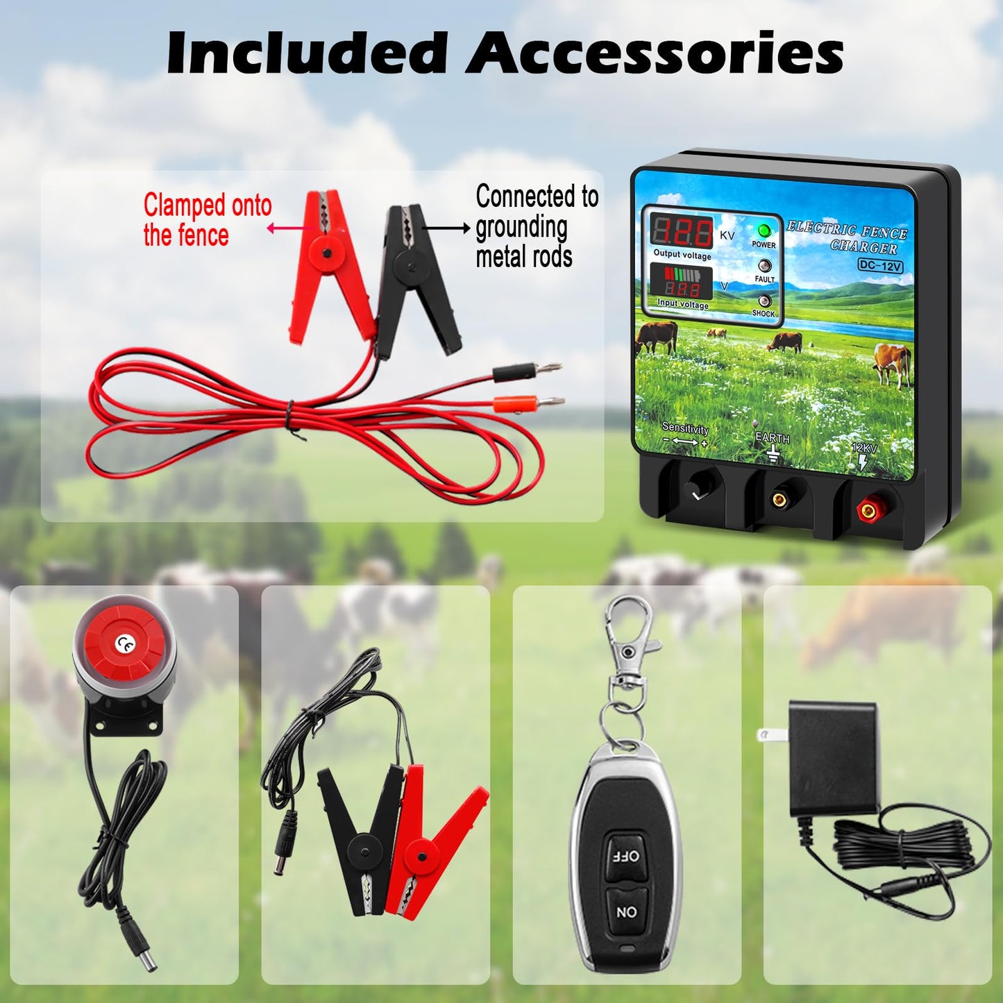 Watpumper 9 Joule Electric Fence Charger, 12KV Output, 400 Acres Coverage, DC 12V/AC 100-240V Input, Electric Fence Energizer with Alarm for Cattle, Cow, Goat, Horse, Livestock Protection, XSD-A740