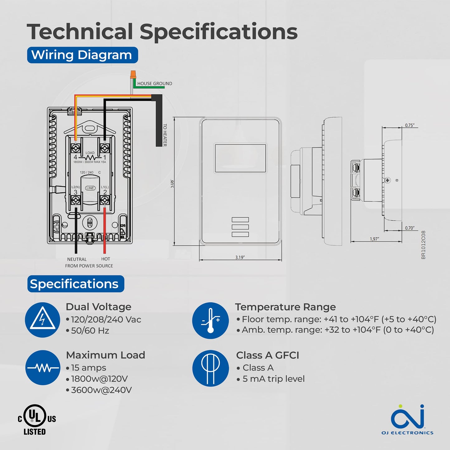 OJ Microline UTN4 Radiant Floor Heat Thermostat w/Class A GFCI - 120/240v Radiant in Floor Heating Thermostat Non-Programmable - Dual Sensing - Includes Sensor - 3-Year Warranty & USA Product Support