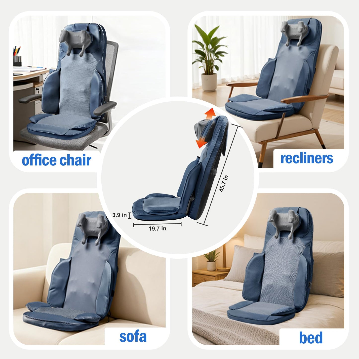 BWPIWPR Shiatsu Massage Cushion for Neck and Back with Heat - 4D Kneading, Vibration for Relief Muscle Tension, Dual-Neck Design, Adjustable Intensity and Height for Office Chair, Home Use, Navy Blue