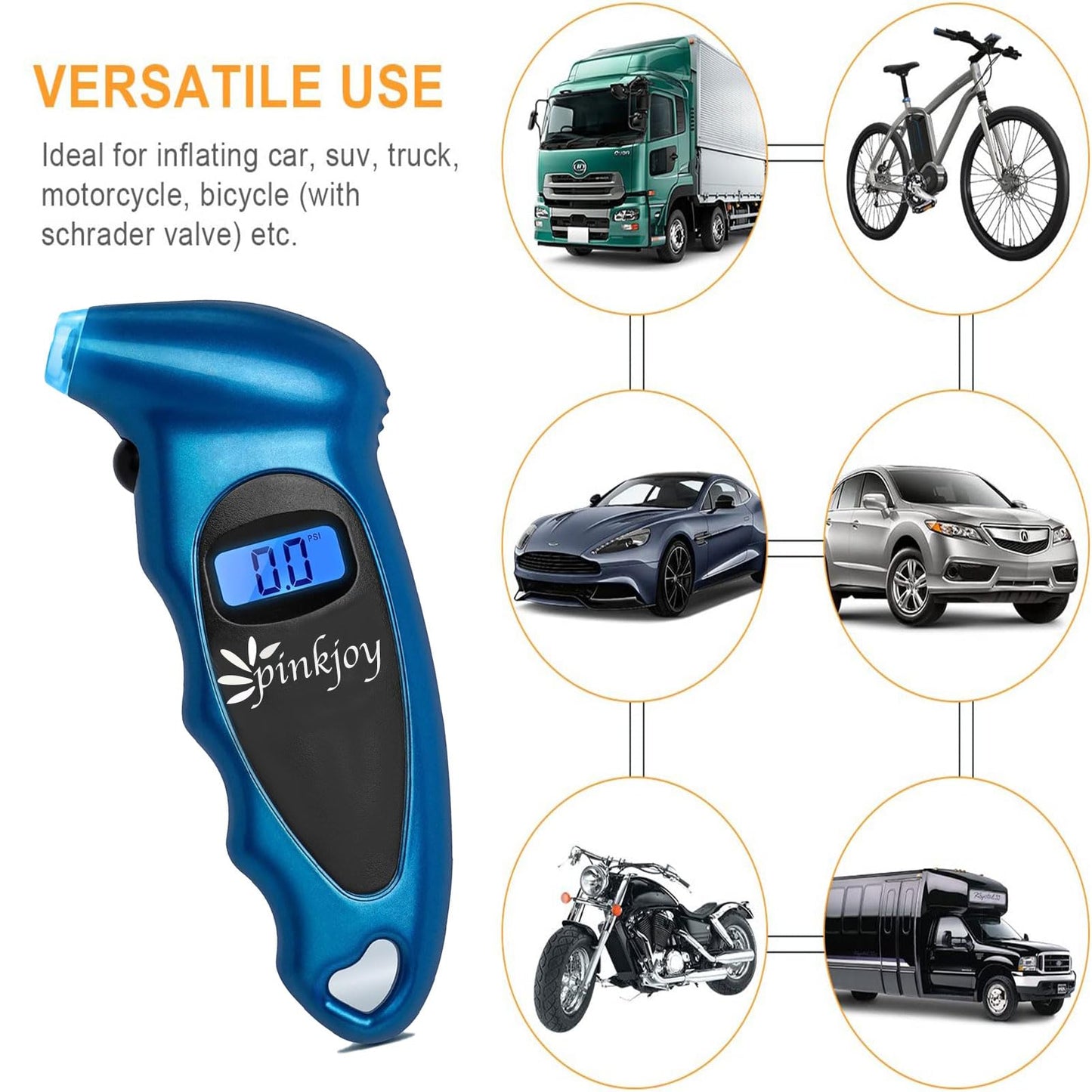 PINKJOY Digital Tire Pressure Gauge 150 PSI, 4 Settings, Tire Gauge for Car, Truck, Motorcycle, Bicycle with Backlit LCD and Non-Slip Grip (Blue)