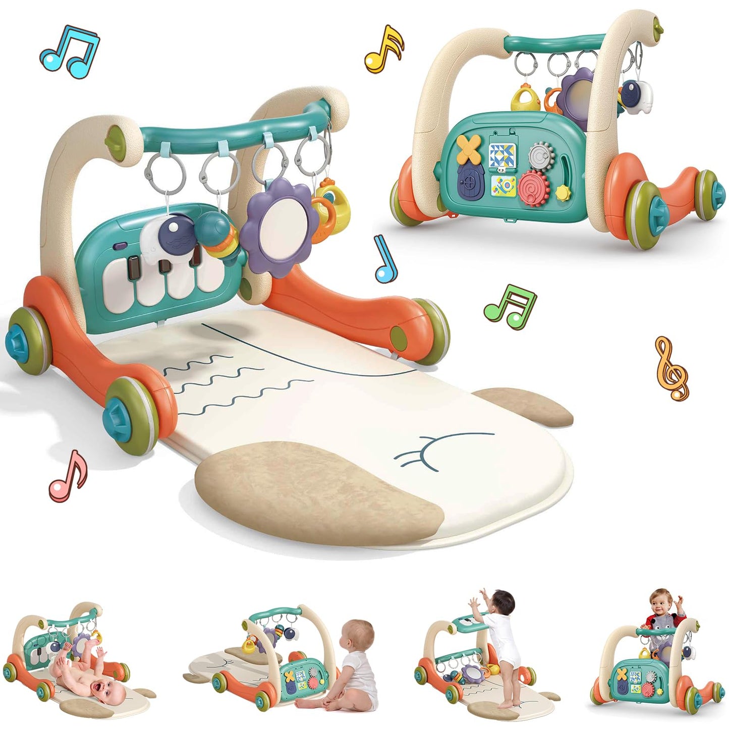 Hitish 3 in 1 Baby Play Mat Gym, Kick and Play Piano Gym with Music Light, Activity Tummy Time Play mat with 5 Learning Sensory Toys, Infant Gifts for Newborn Baby Toddler 0-14 Months