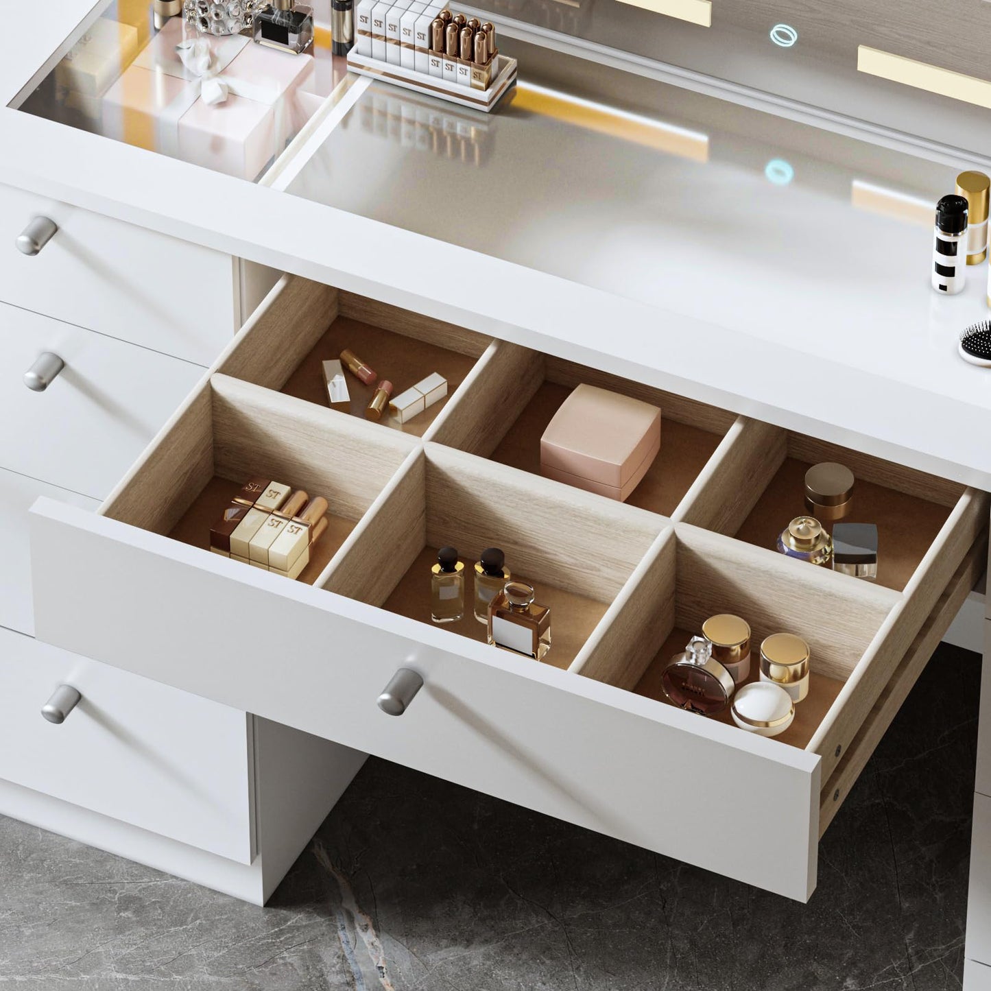 JassmiPkwy 46 INCH Makeup Vanity Desk with Mirror - Glass Tabletop Vanity Table with Lights, Drawers, Power Outlet, Large Storage Desk for Bedroom, White