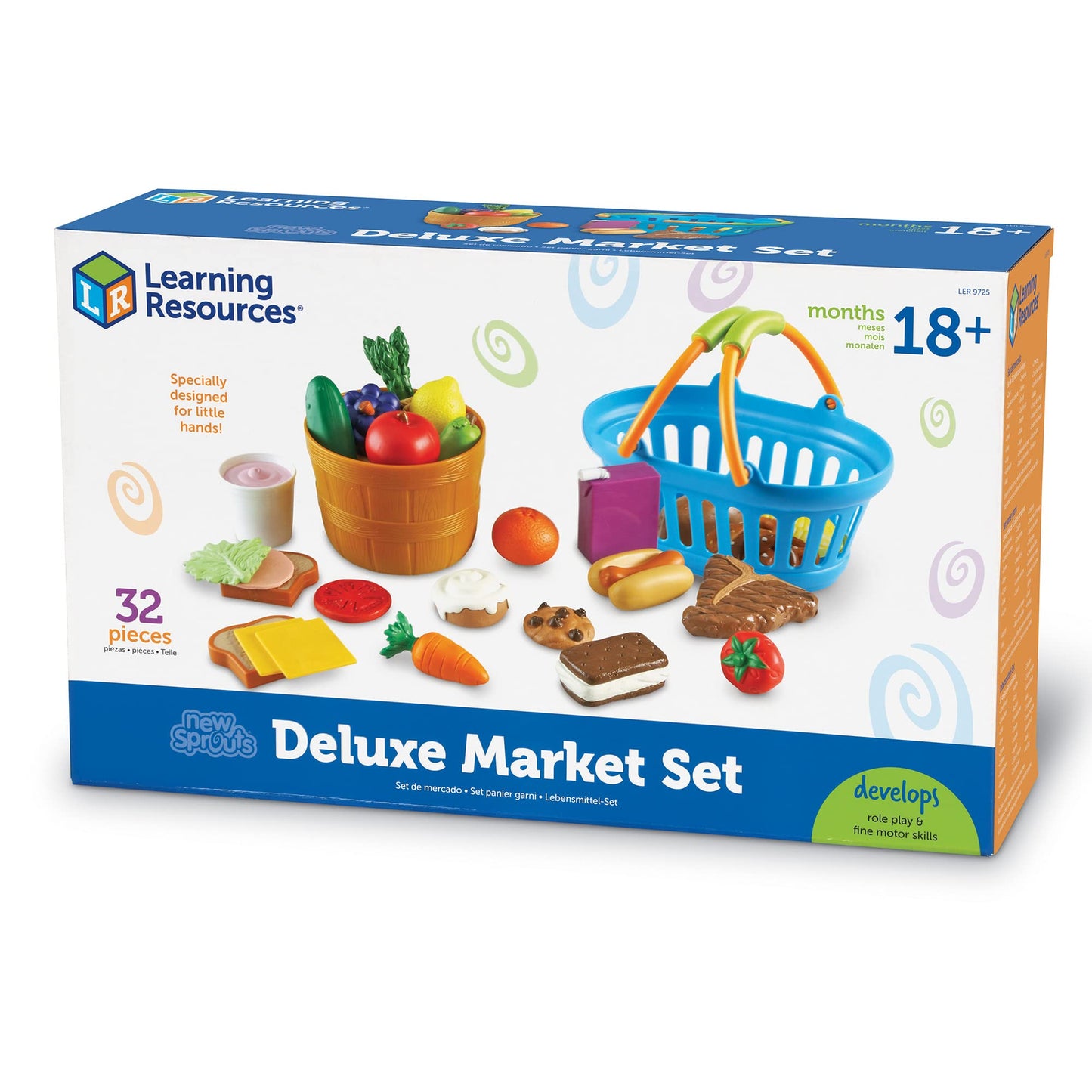 Learning Resources New Sprouts Deluxe Market Set - Pretend Play Kitchen, Fruit Basket, Toddler Outdoor Play Food Toys, Kids Playset, Shopping Basket, Fine Motor Skills, Montessori Sensory Cooking